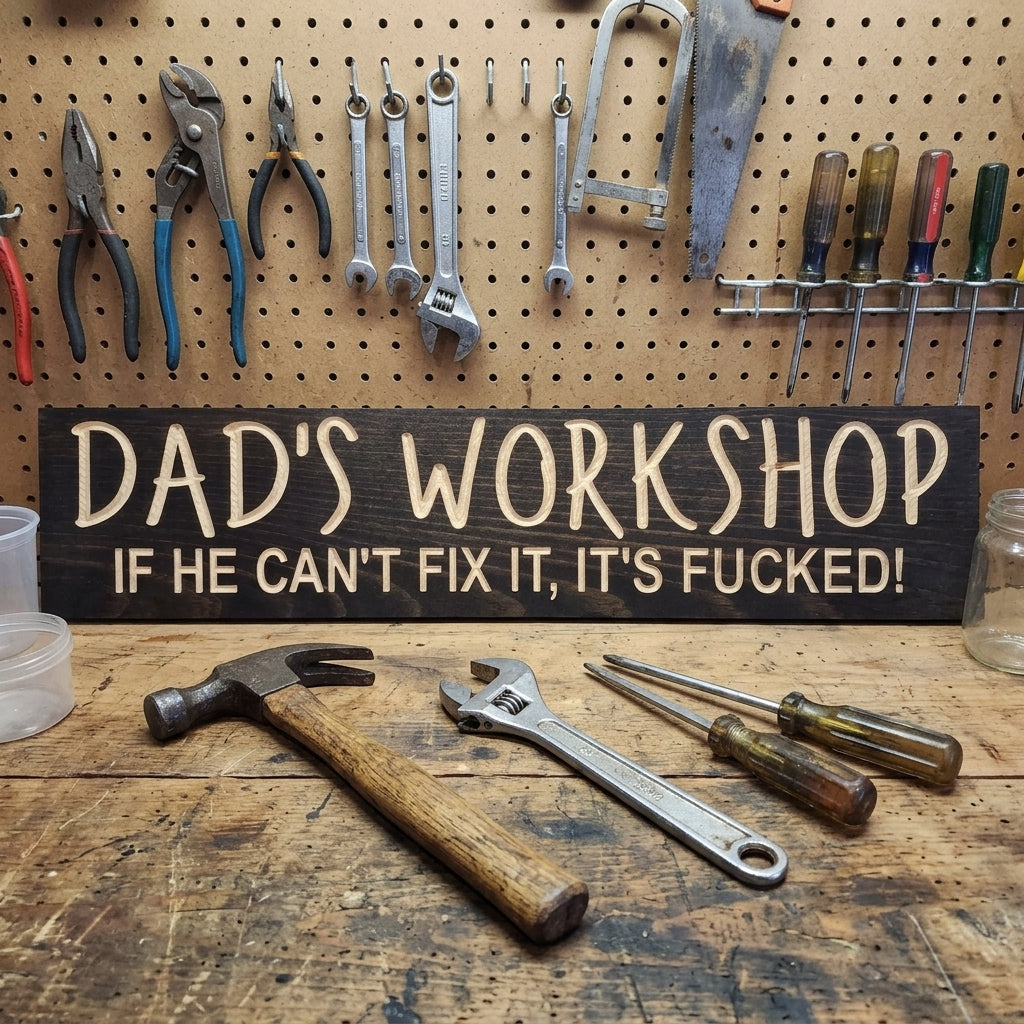 A Dads Workshop Sign rests on a wooden workbench, surrounded by various hand tools and a pegboard full of tools in the background from Bluegrass Gifts