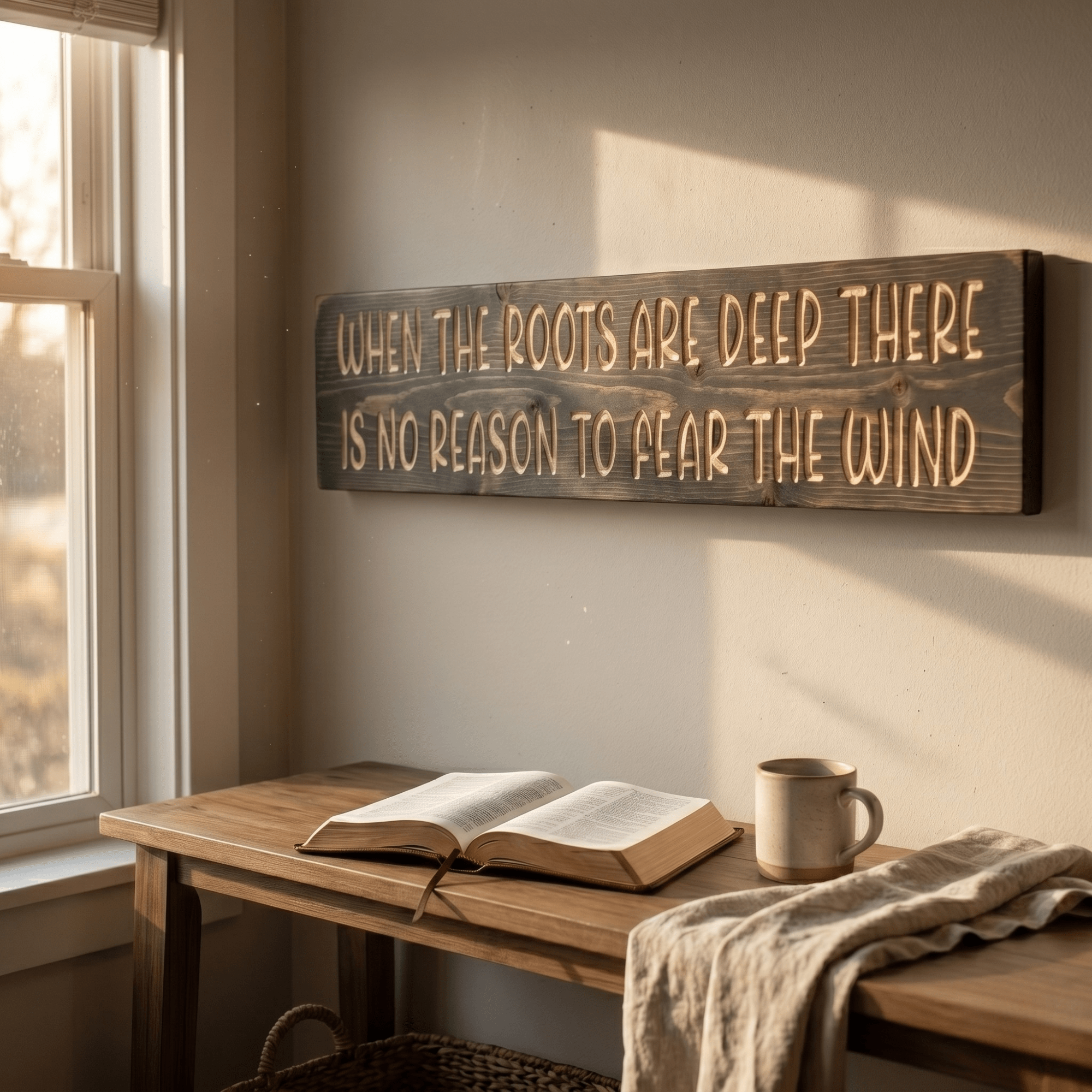 When the Roots Are Deep inspirational wall art hanging above wooden desk with open Bible and coffee mug in sunlit faith corner reading nook