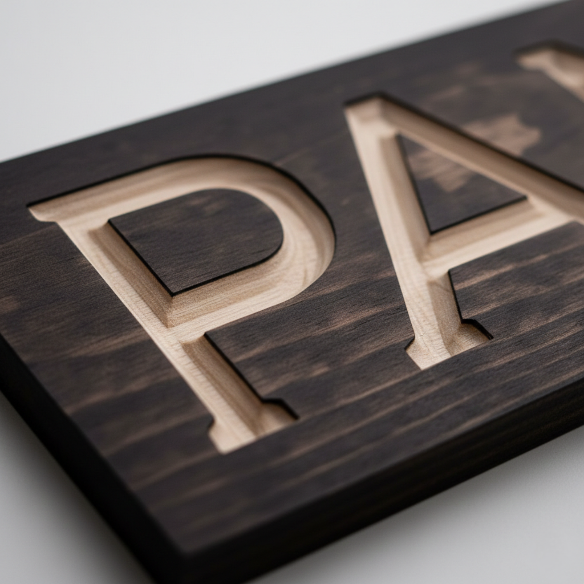 Extreme close-up of the 3D V-carve precision on a solid wood PANTRY sign, highlighting the natural timber grain and sharp engraving.