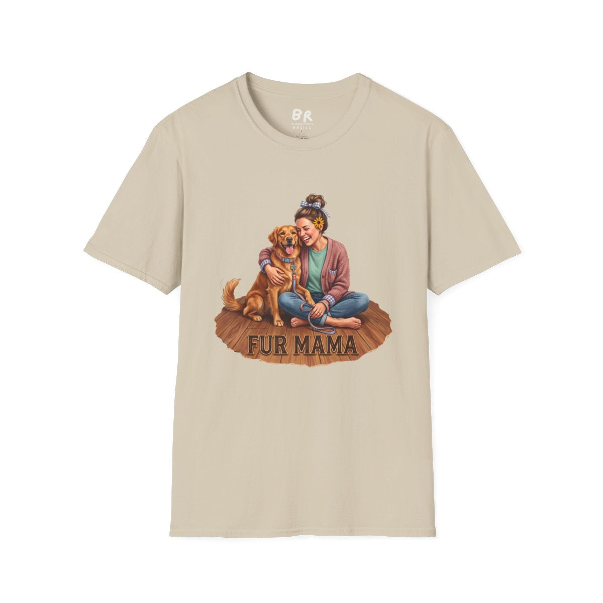 A light beige Dog Mom Shirt - Fur Mama laid flat, showing the full graphic of a woman hugging a golden retriever