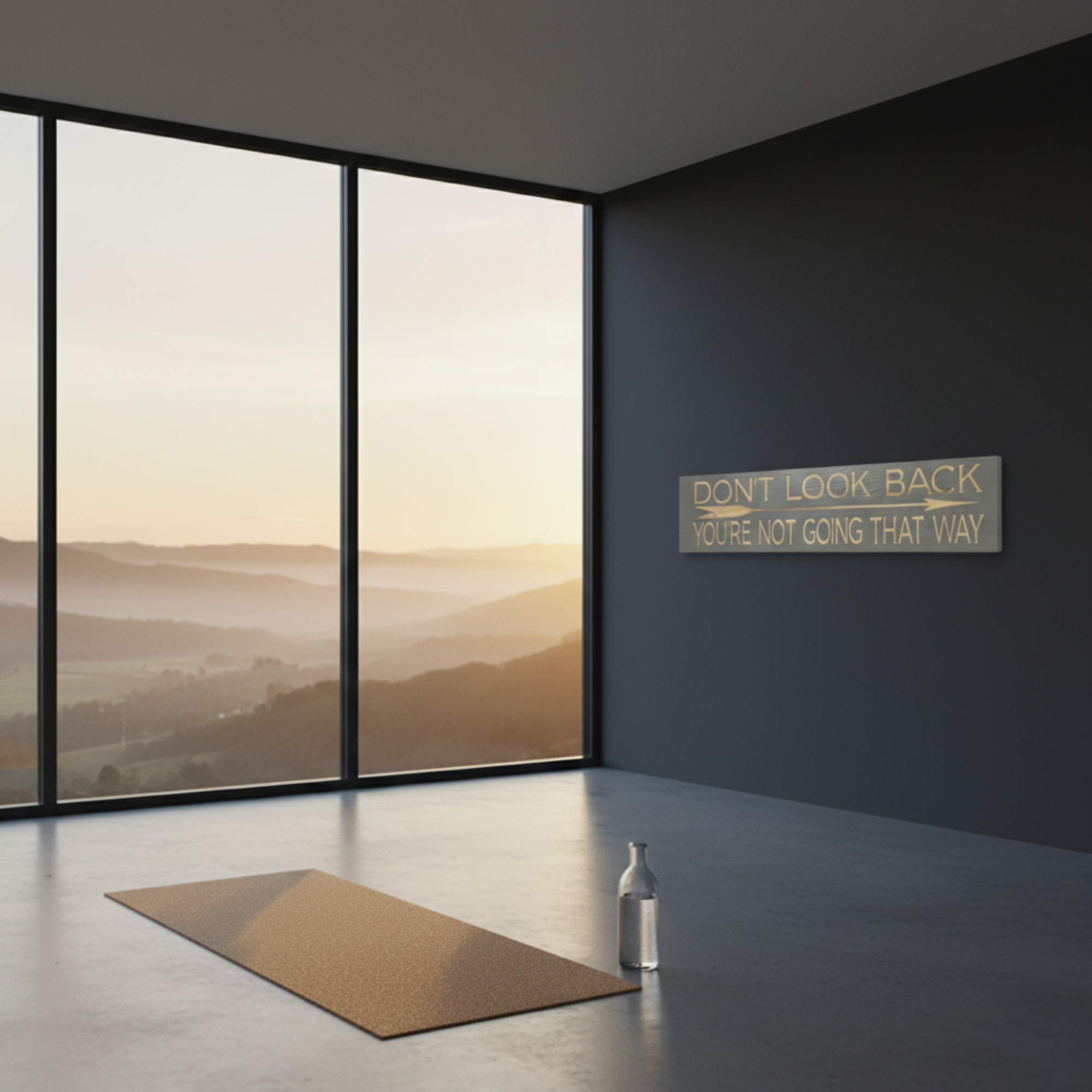 A peaceful yoga studio with a mountain view featuring the "Don't Look Back You're Not Going That Way" sign as inspirational wall decor.