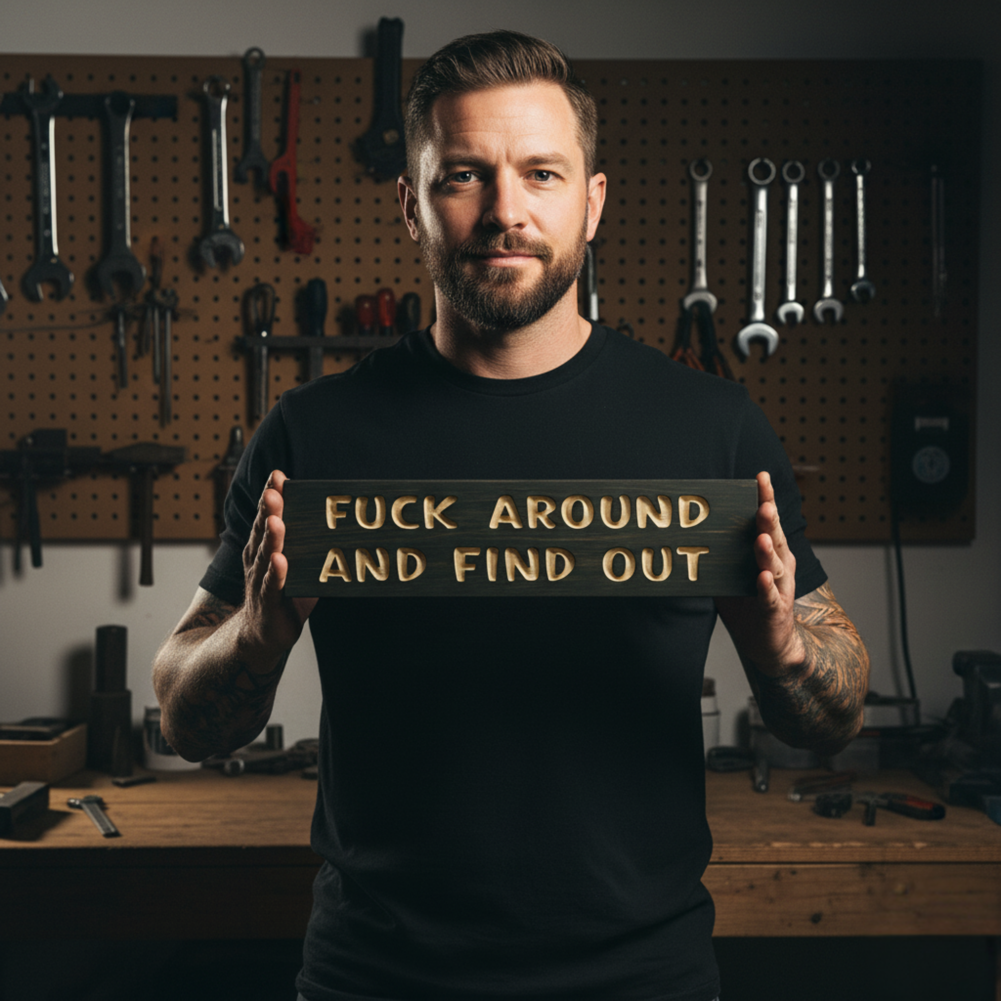 A man with tattoos holding a dark, carved "Fuck Around and Find Out" sign directly to the camera in his workshop.
