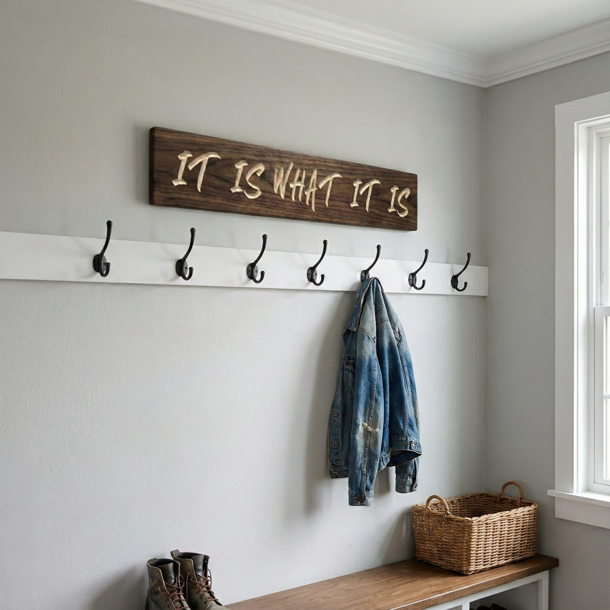 Carved wooden IT IS WHAT IT IS sign hanging on a grey wall above a white coat rack with a denim jacket in an entryway.