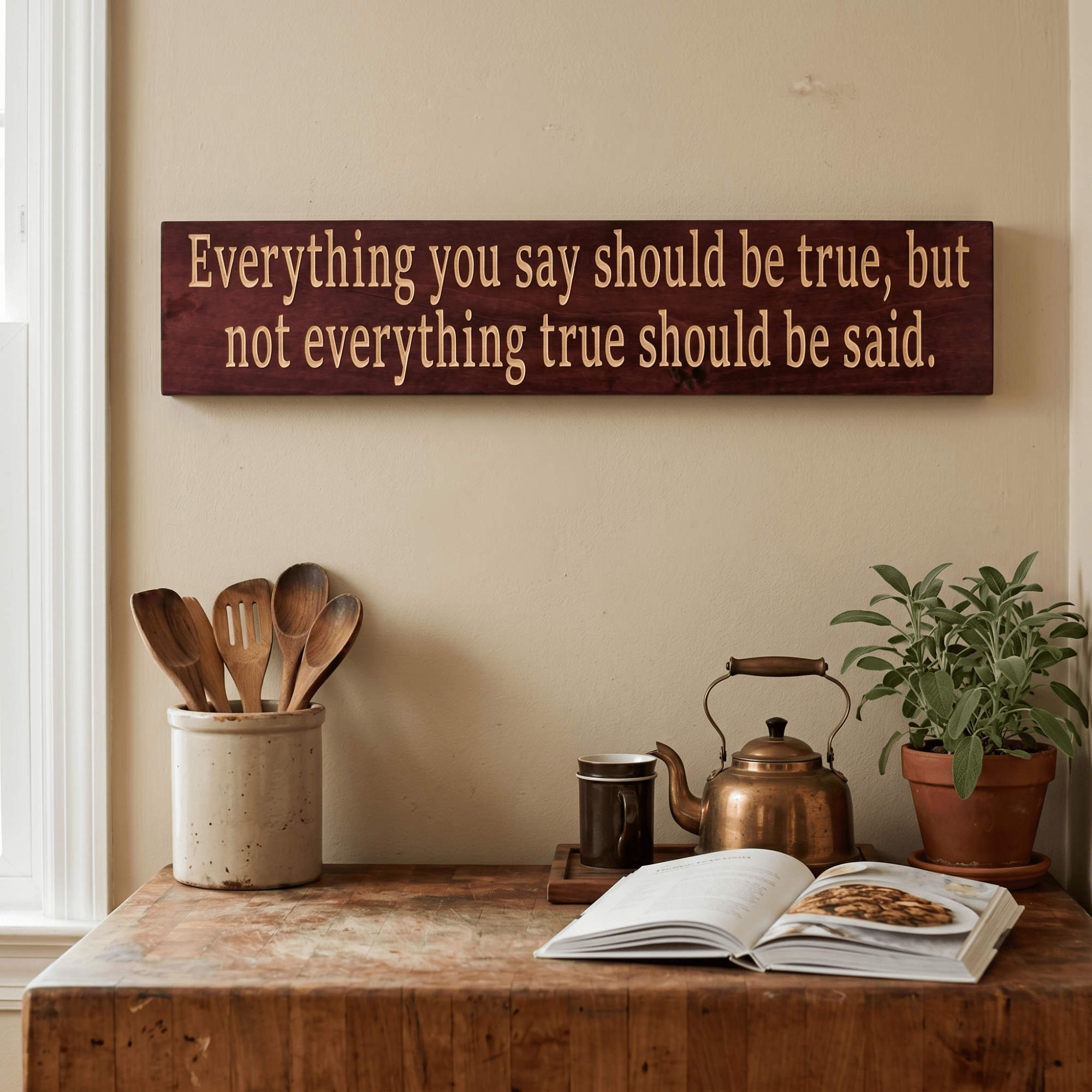 Everything You Say Should Be True truth quote wood sign hanging above a vintage kitchen sideboard with brass kettle, wooden utensils, sage plant, and open cookbook