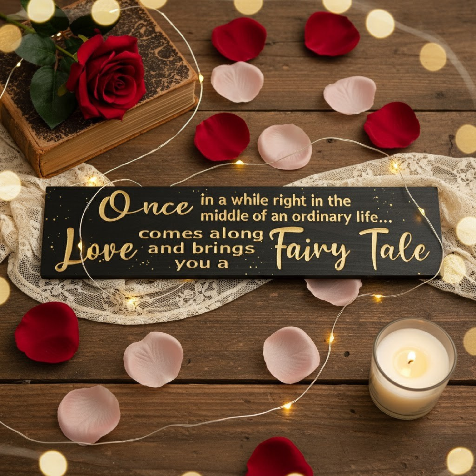 Flat lay of “Once in a while love brings you a fairy tale” wood sign surrounded by rose petals, fairy lights, and candles — romantic handmade gift décor.