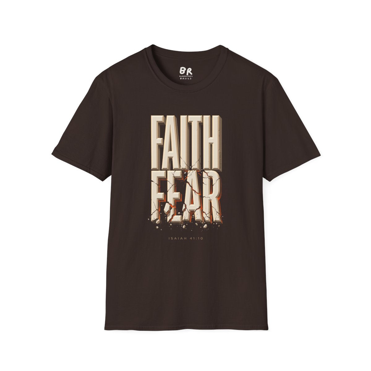 Faith Over Fear Shirt — Isaiah 41:10 Cracked Stone Bible Verse Tee in Dark Chocolate