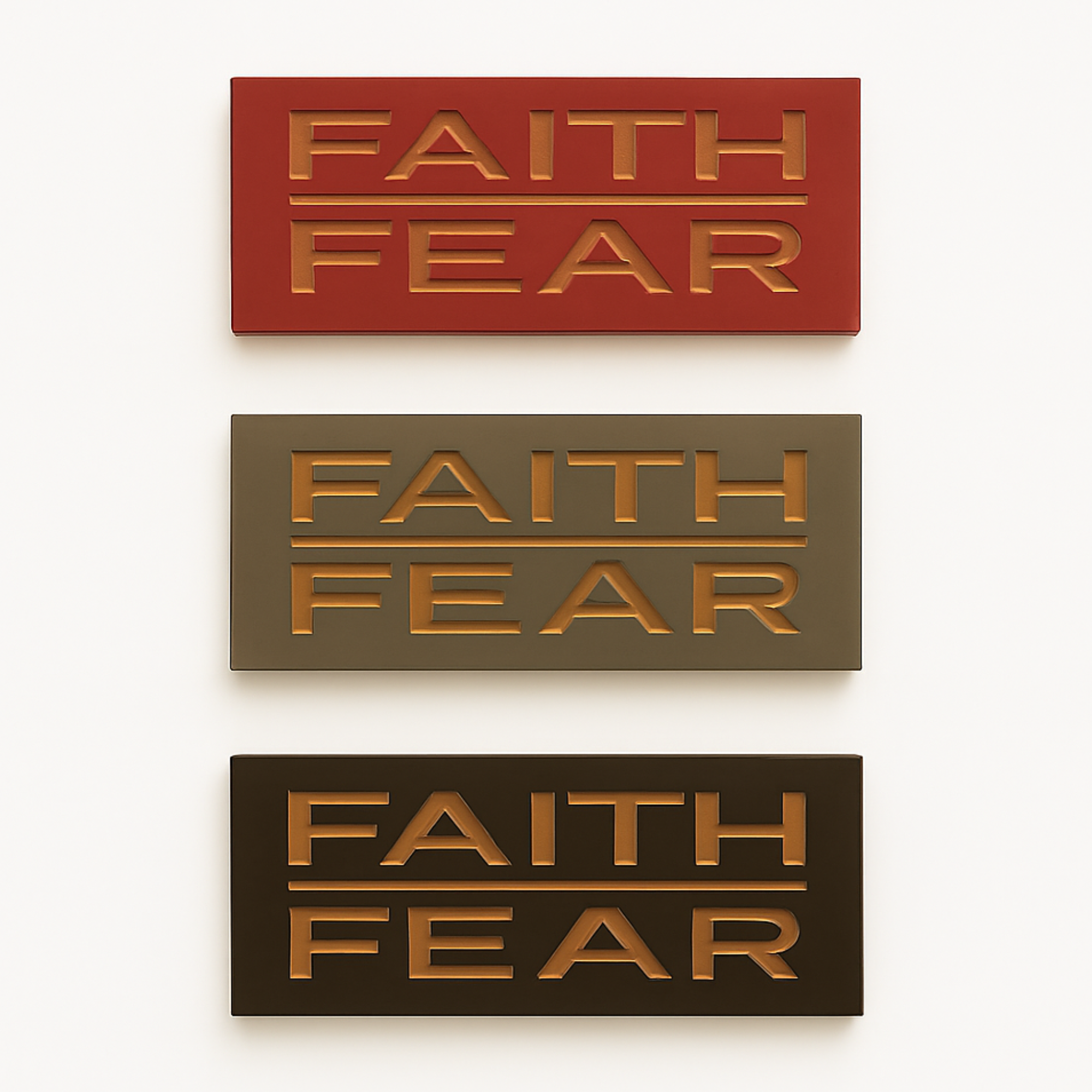 Faith Over Fear wooden signs – three finish options displayed: barn red, weathered gray, and dark walnut, perfect farmhouse wall art.