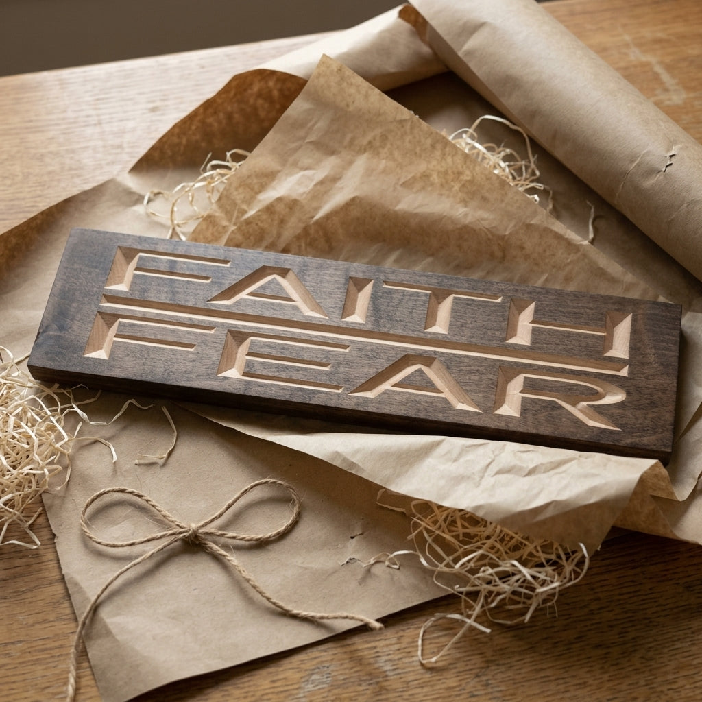 The Faith Over Fear Sign is presented on a wooden table, partially wrapped in brown paper and natural packing straw