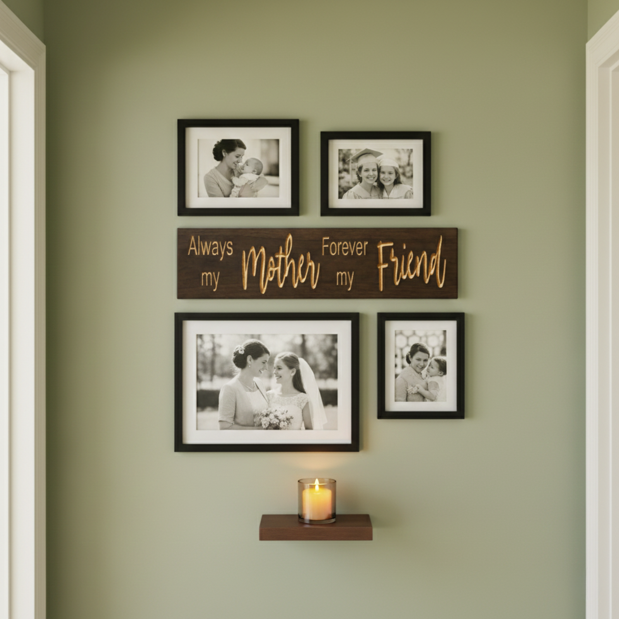 A gallery wall arrangement featuring the "Always my Mother" sign centered among black-framed family photos and a floating shelf.