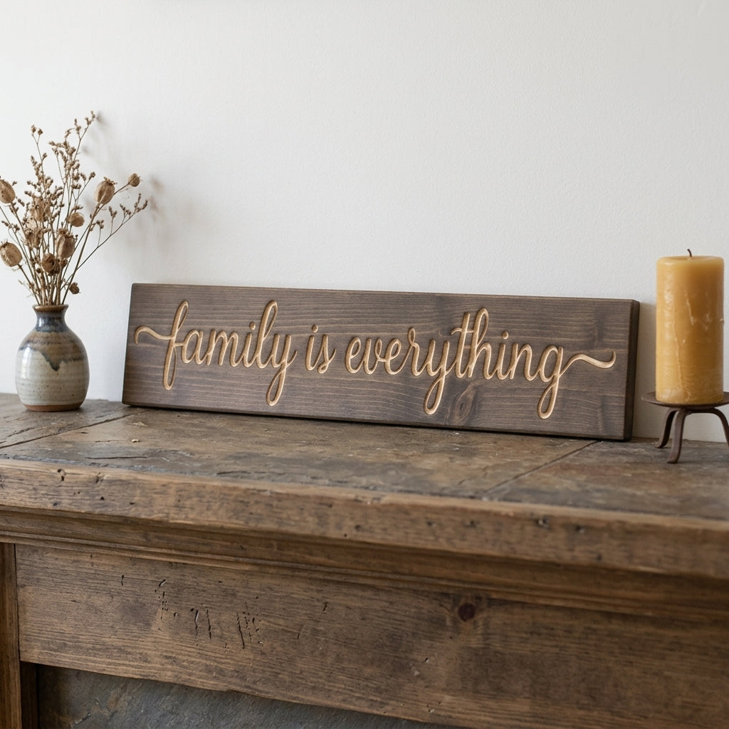 Family Is Everything Sign — Rustic Carved Wood Wall Art