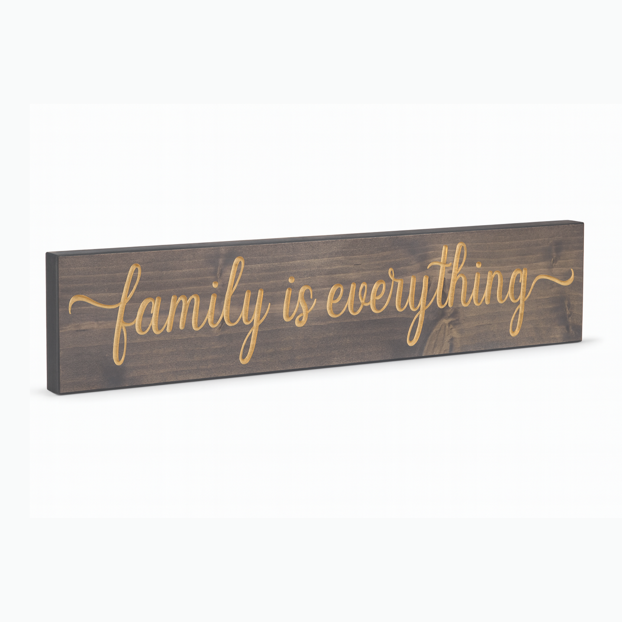 Family Is Everything wooden wall sign angled hero view showing carved lettering and natural wood finish