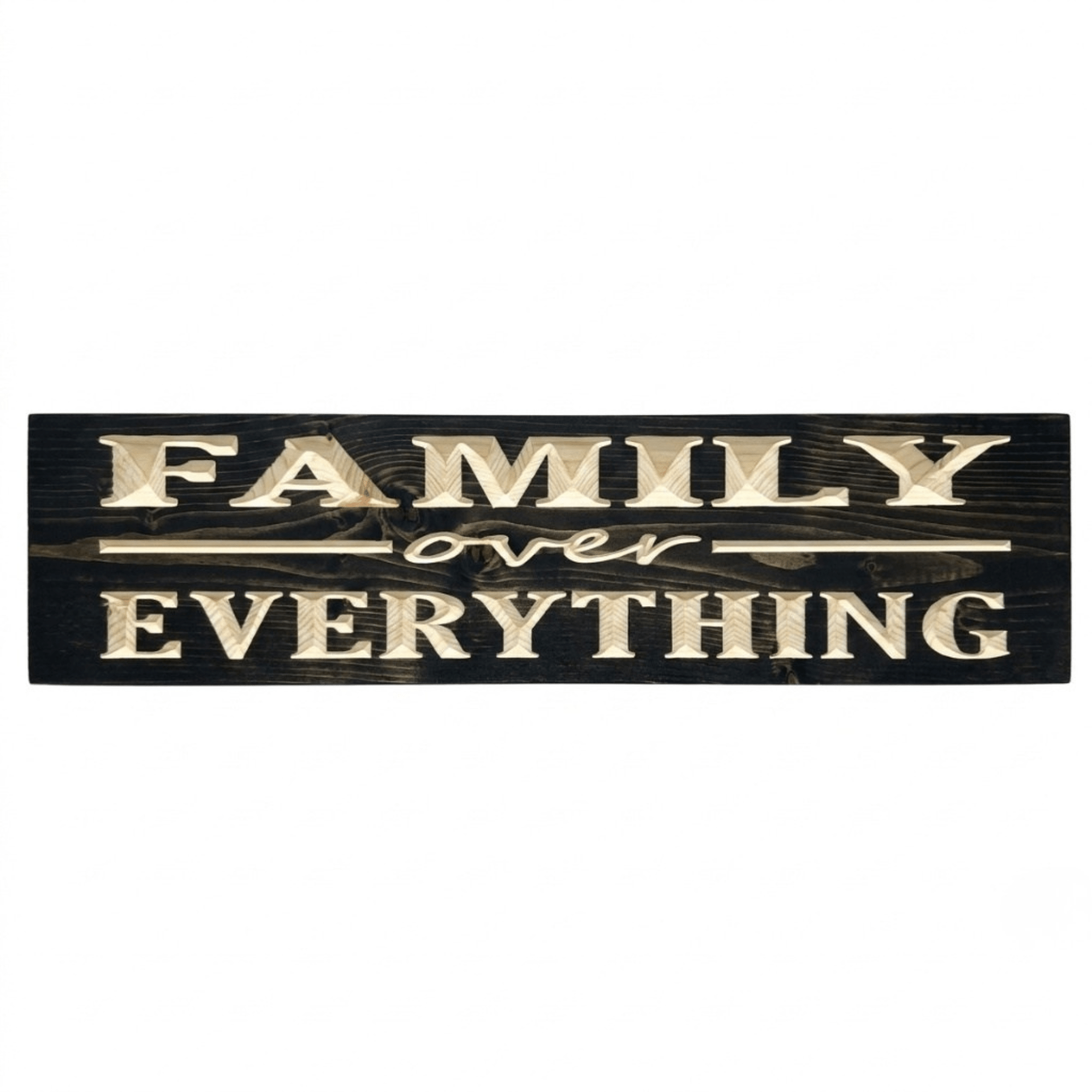 Family Over Everything CNC-carved solid wood sign in ebony finish with natural carved lettering, handmade in Kentucky by Bluegrass Gifts