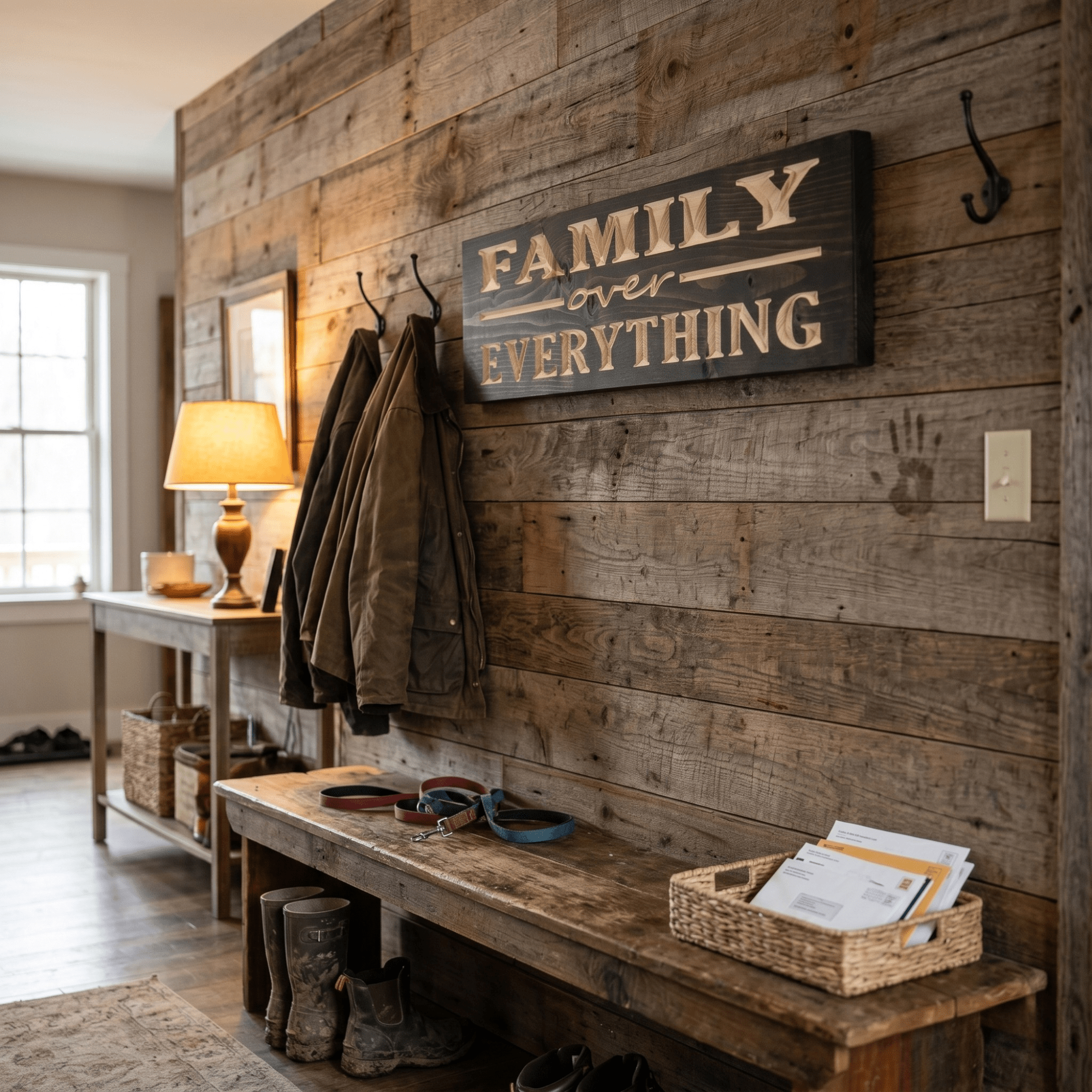 Family Over Everything rustic family wall art hanging in a farmhouse mudroom on reclaimed wood planks above a bench with coats, boots, and lamp