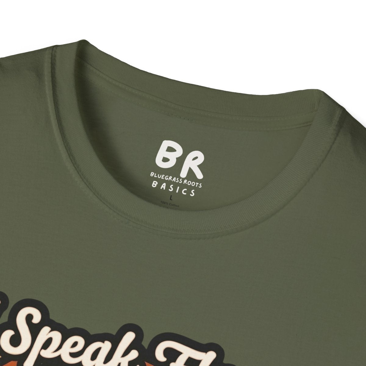 A close-up of the collar of an olive green t-shirt, showing the BR Bluegrass Roots Basics tag for the Farmer Shirt - I Speak Fluent Cow