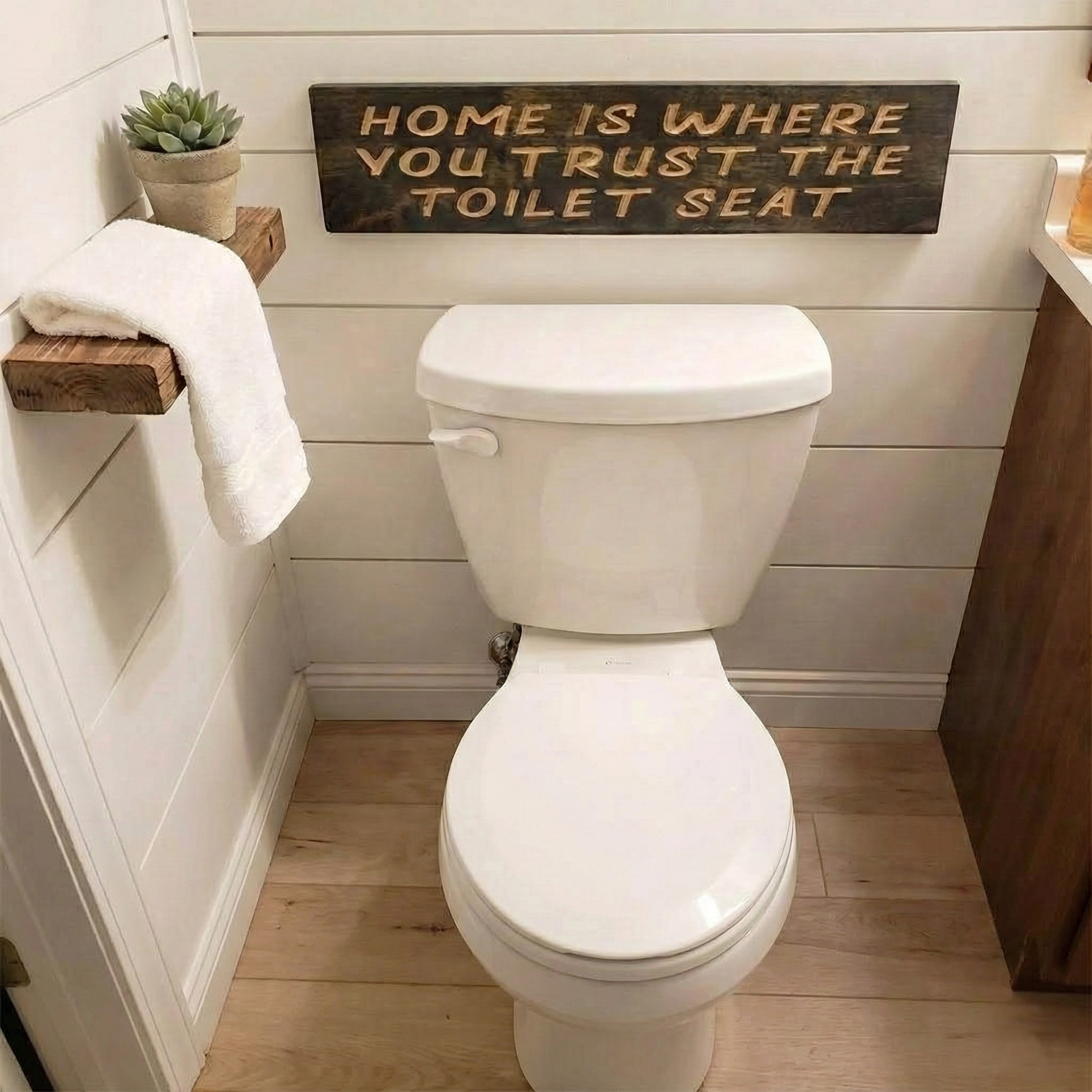 "Home Is Where You Trust The Toilet Seat" wooden sign hanging on a white shiplap wall above a standard toilet in a farmhouse style bathroom.