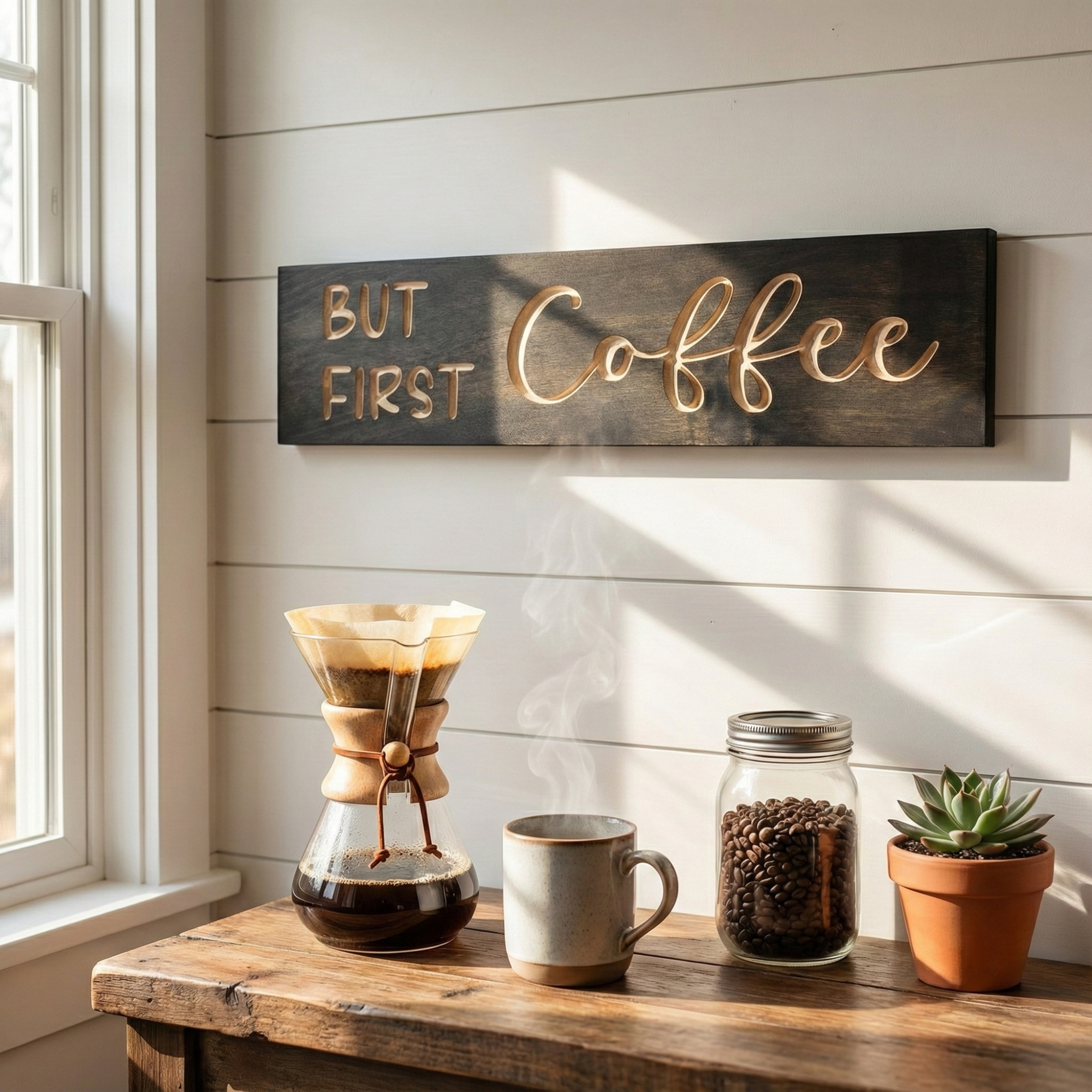 "But First Coffee" carved sign mounted on a white shiplap wall above a Chemex pour-over coffee station.