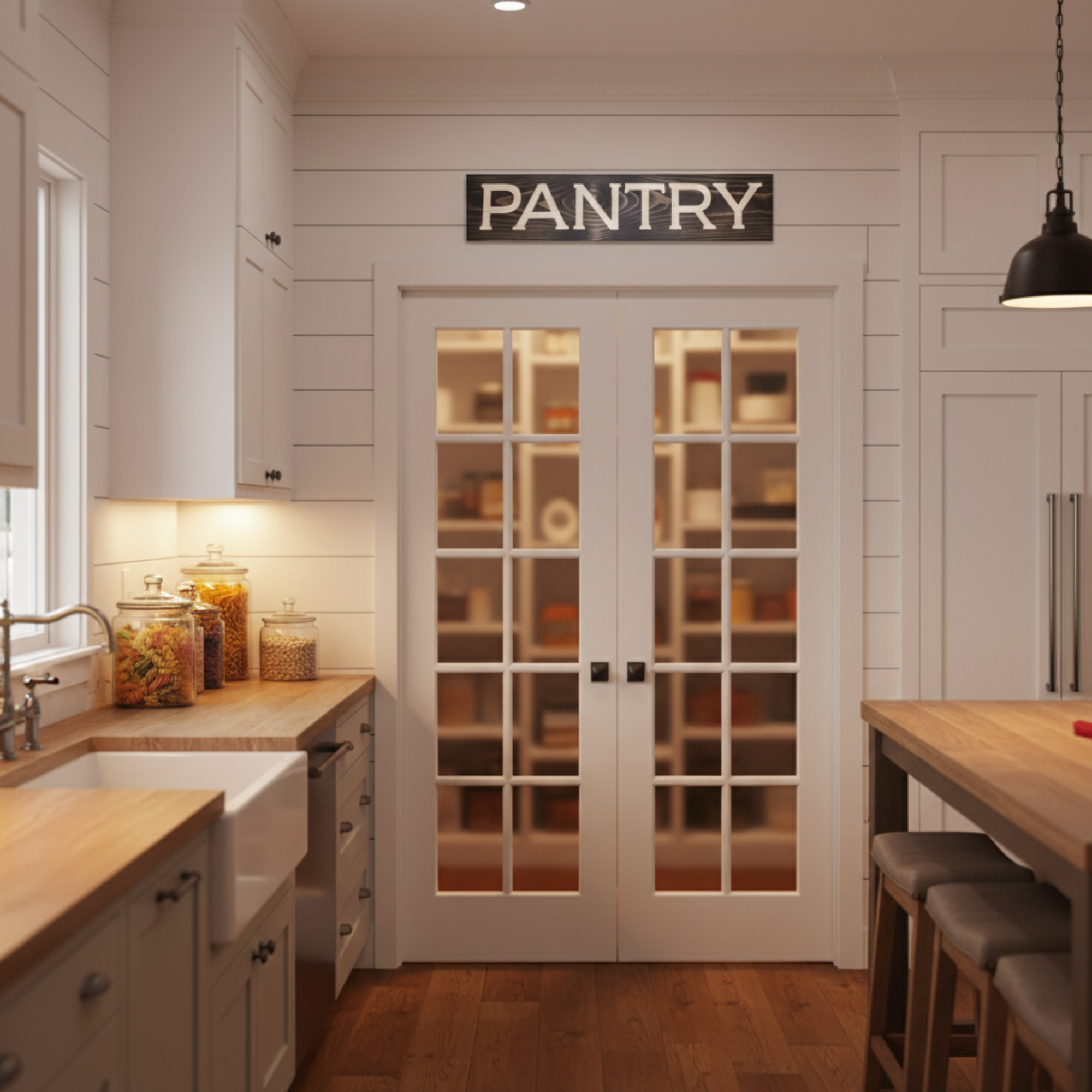 Modern farmhouse kitchen interior with a carved wood PANTRY sign mounted as a header above white double pantry doors.