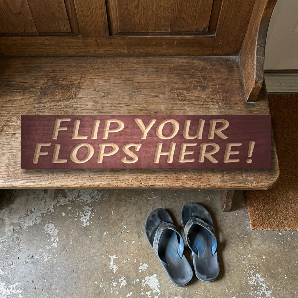 An overhead view of a "Flip Your Flops Here!" Flip Flops Sign resting on a wooden bench, with a pair of dark flip-flops on the floor below from Bluegrass Gifts