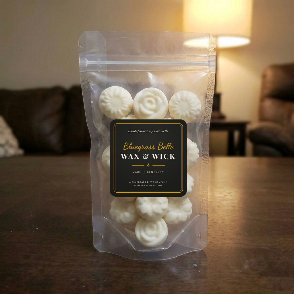 Clear stand-up pouch of rose and daisy wax melts with the Bluegrass Belle label