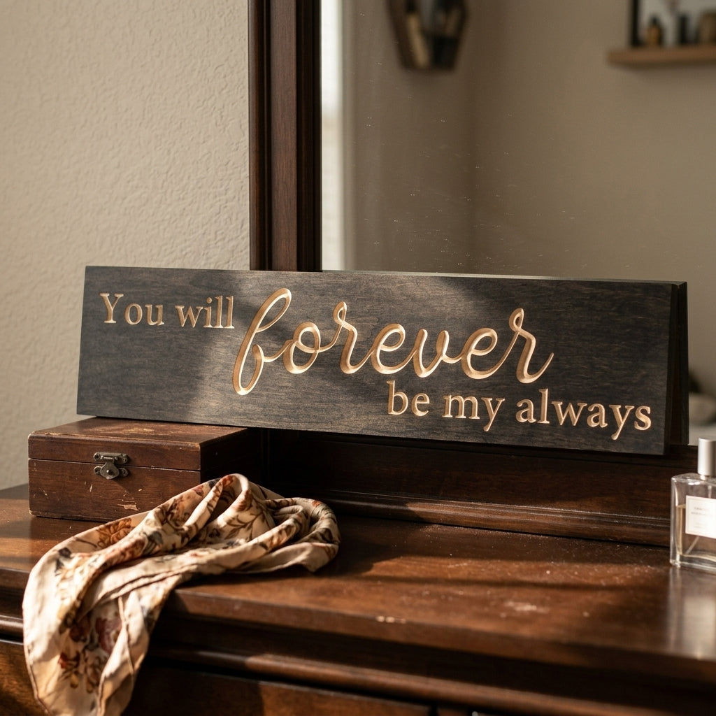 A dark gray Forever and Always Sign with light carved letters rests on a wooden dresser, a scarf nearby from Bluegrass Gifts