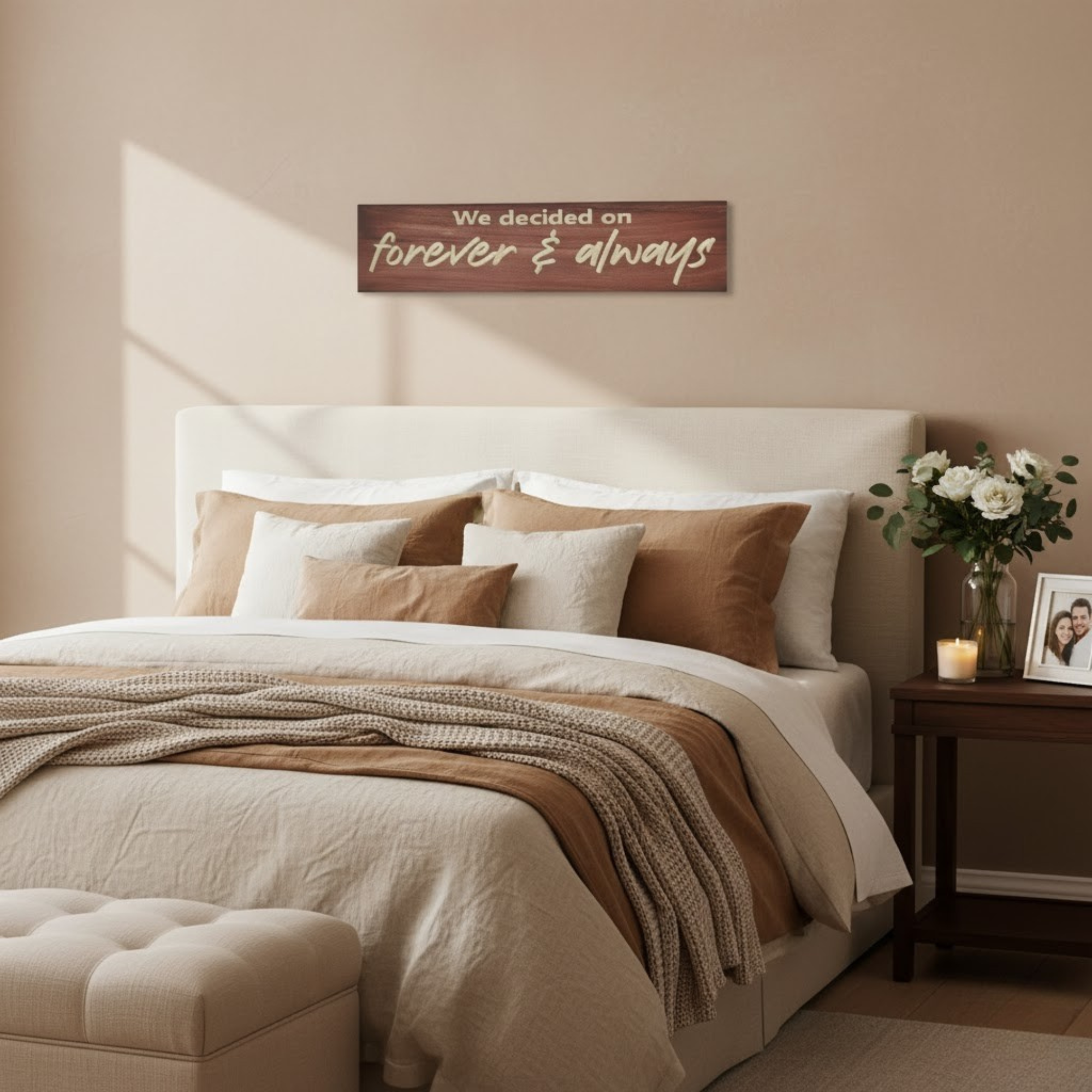 Romantic “Forever & Always” carved wood sign displayed above bed in cozy bedroom