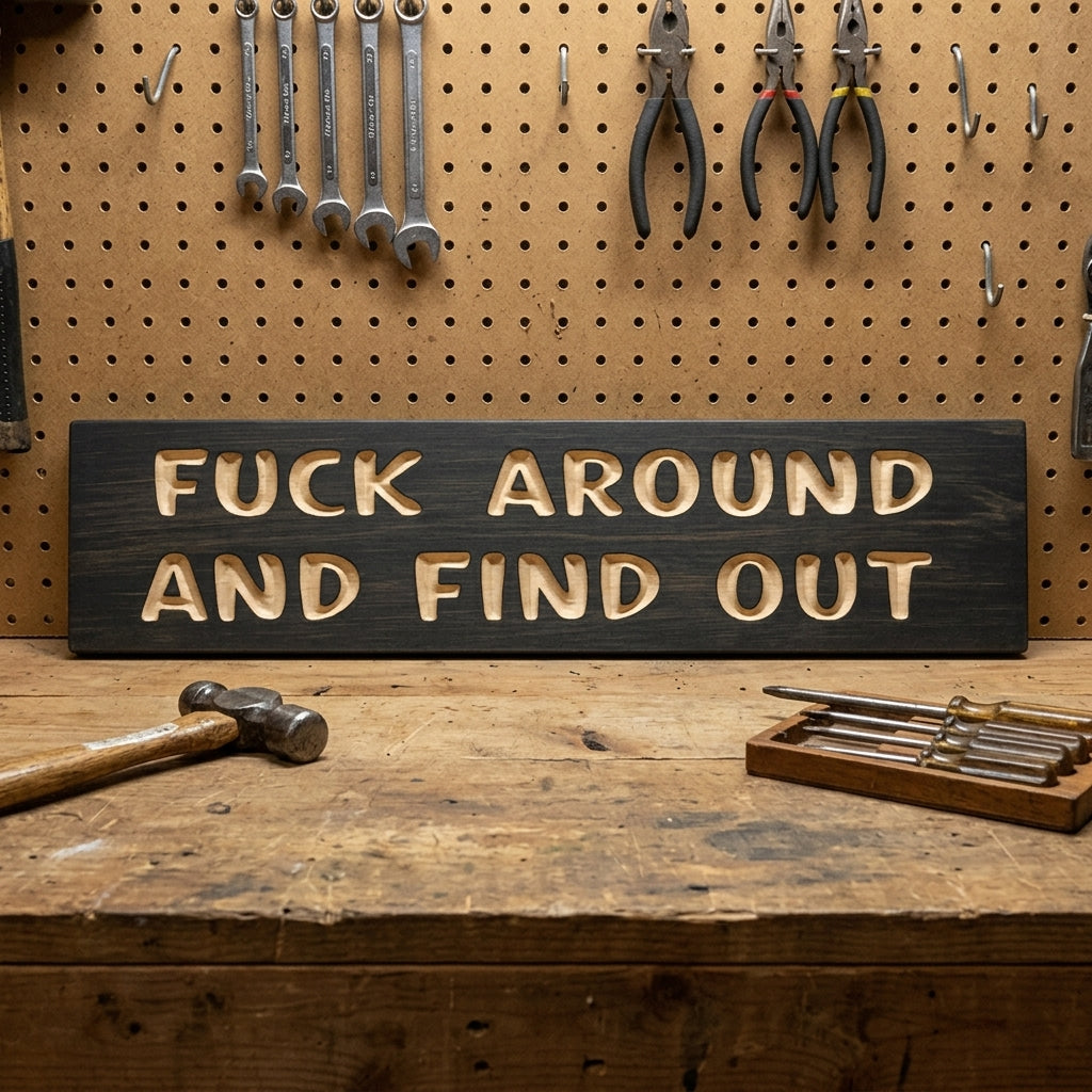 Fuck Around and Find Out Sign — Carved Wood Warning Sign