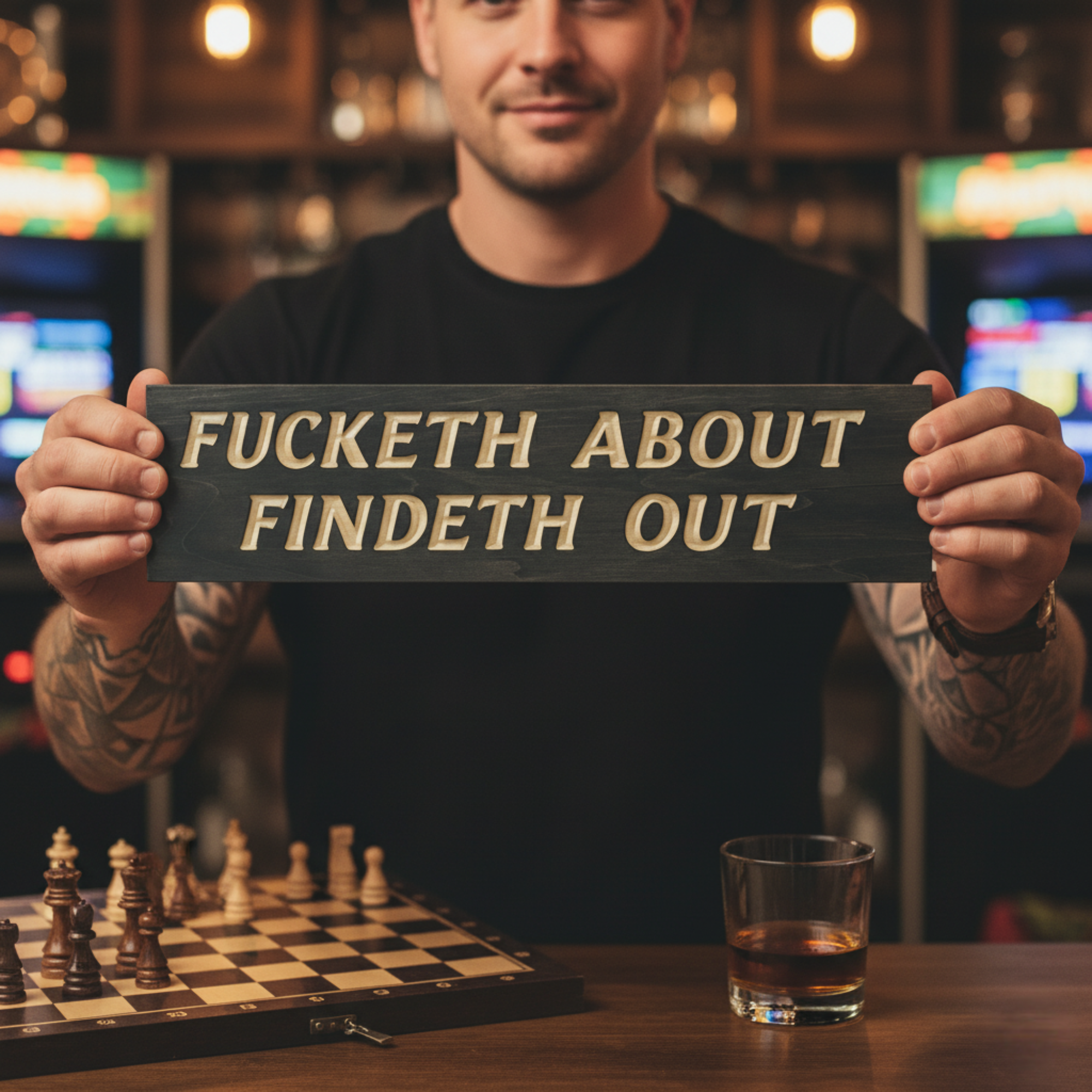 A man with a confident expression holding a "Fucketh About Findeth Out" sign at a home bar, with a chessboard and whiskey glass on the counter.