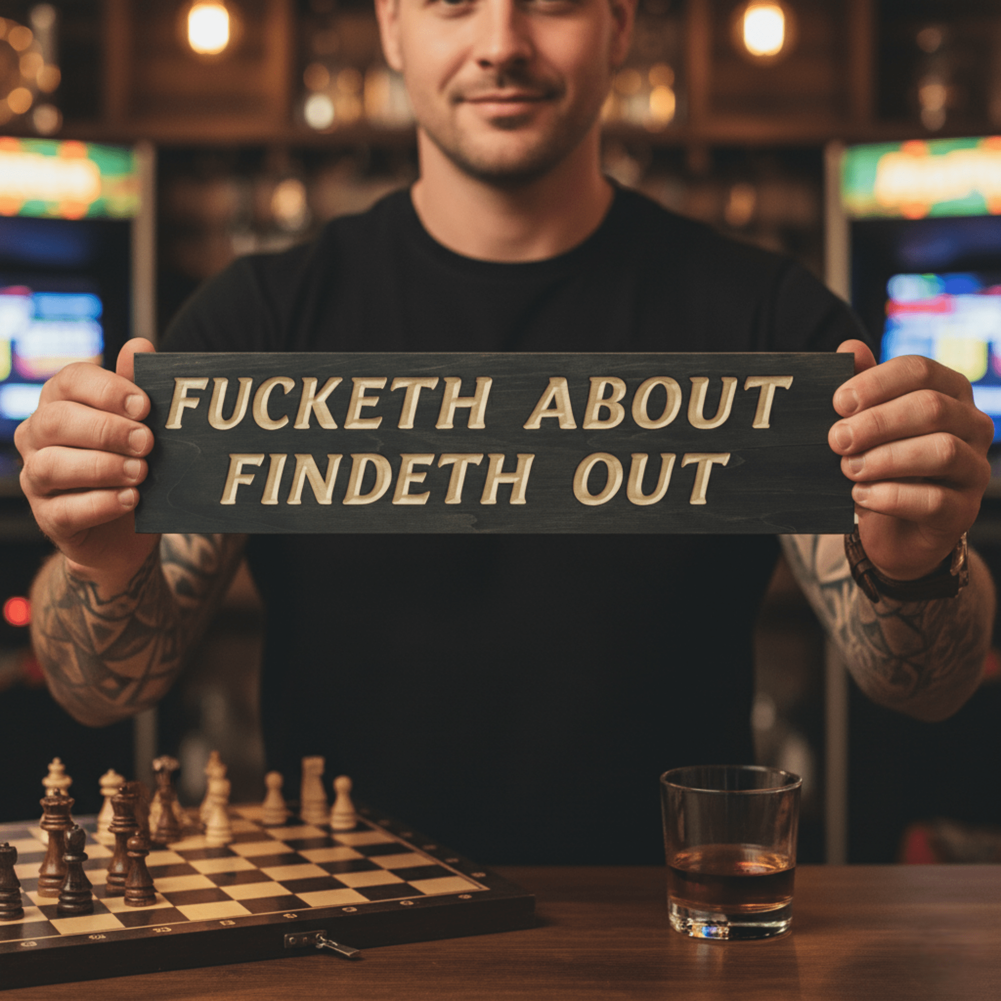 A man with a confident expression holding a "Fucketh About Findeth Out" sign at a home bar, with a chessboard and whiskey glass on the counter.
