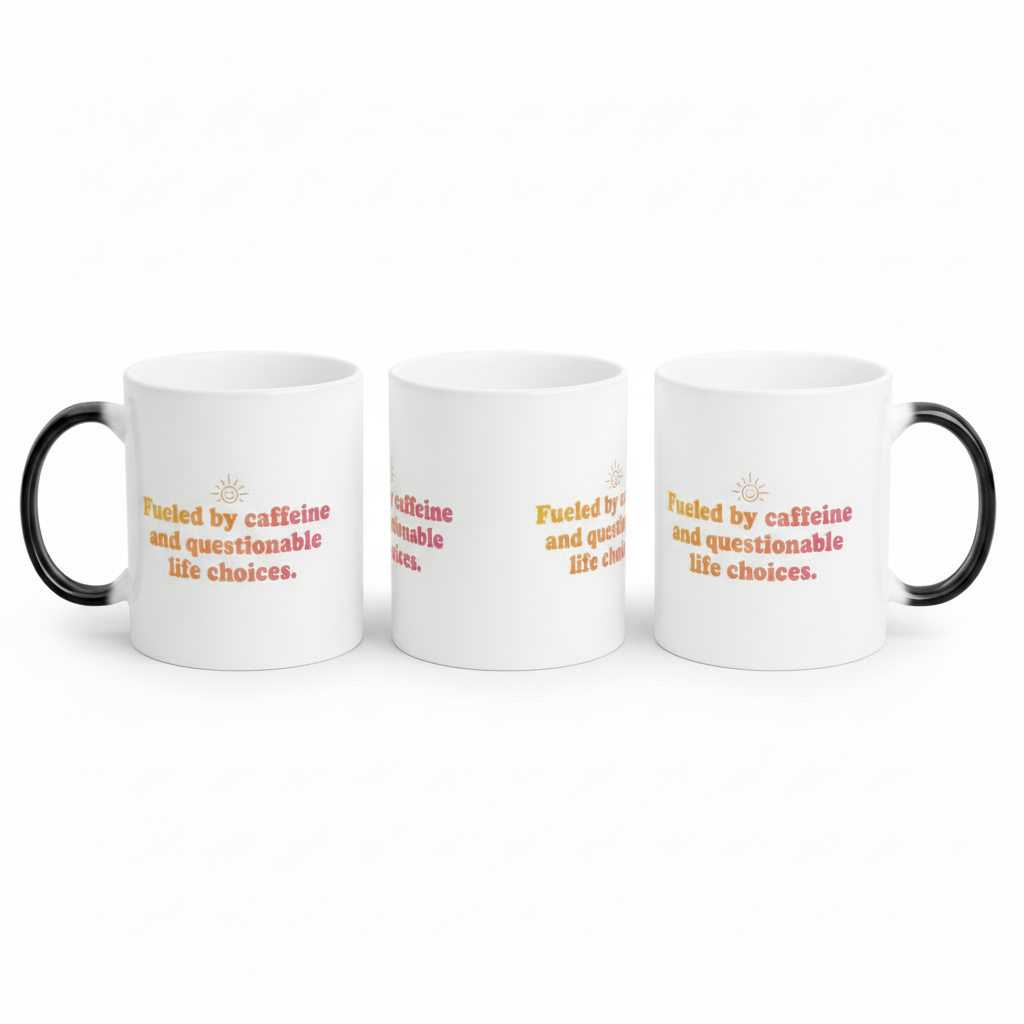 Three white ceramic heat-sensitive coffee mugs displaying the phrase 'Fueled by caffeine and questionable life choices' in a gradient sunset orange and pink font, with black handles on a white background.