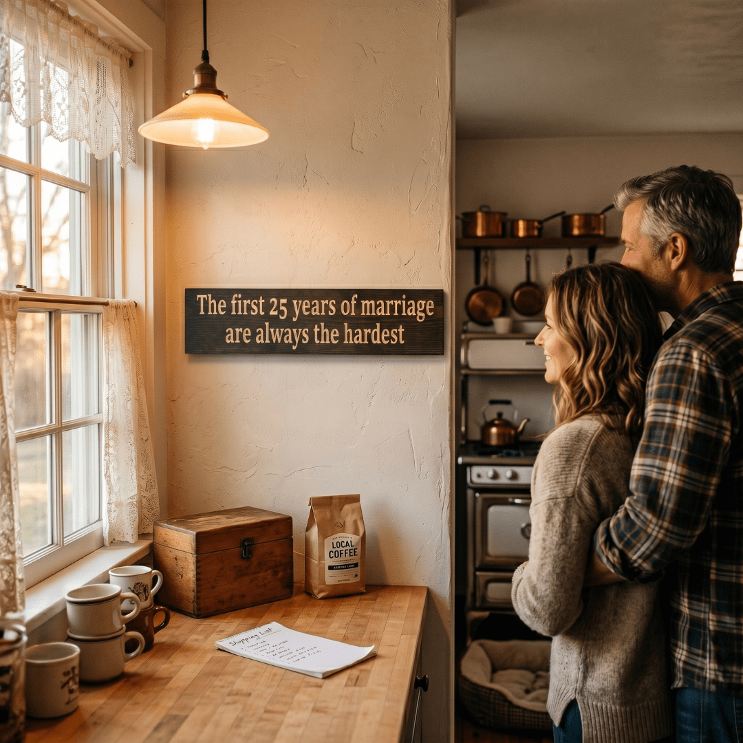 Funny 25th anniversary wood sign hung on farmhouse kitchen wall with couple smiling in background near window with warm morning light