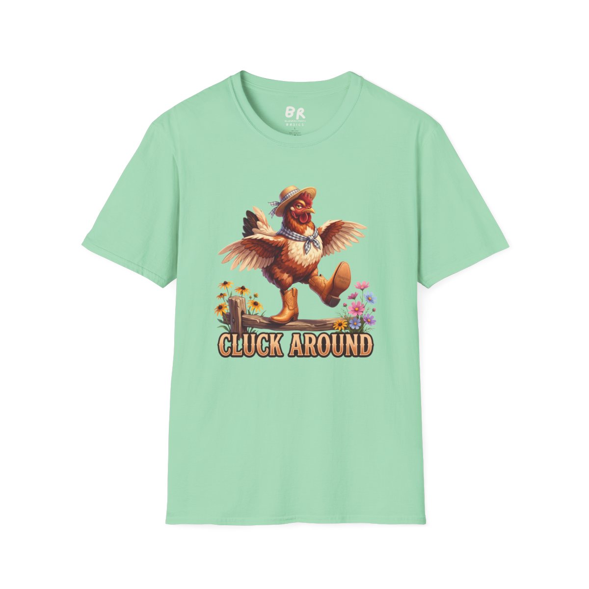 A flat lay of the mint green Chicken Shirt - Cluck Around, displaying the full chicken graphic on a white background