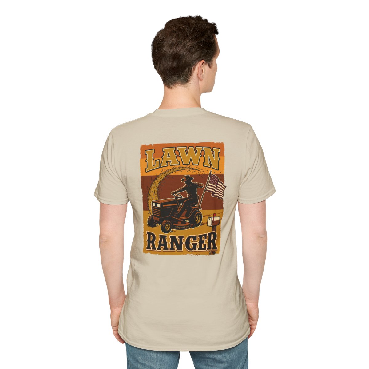 Funny Country Shirt — "Lawn Ranger" Riding Mower Tee in Sand