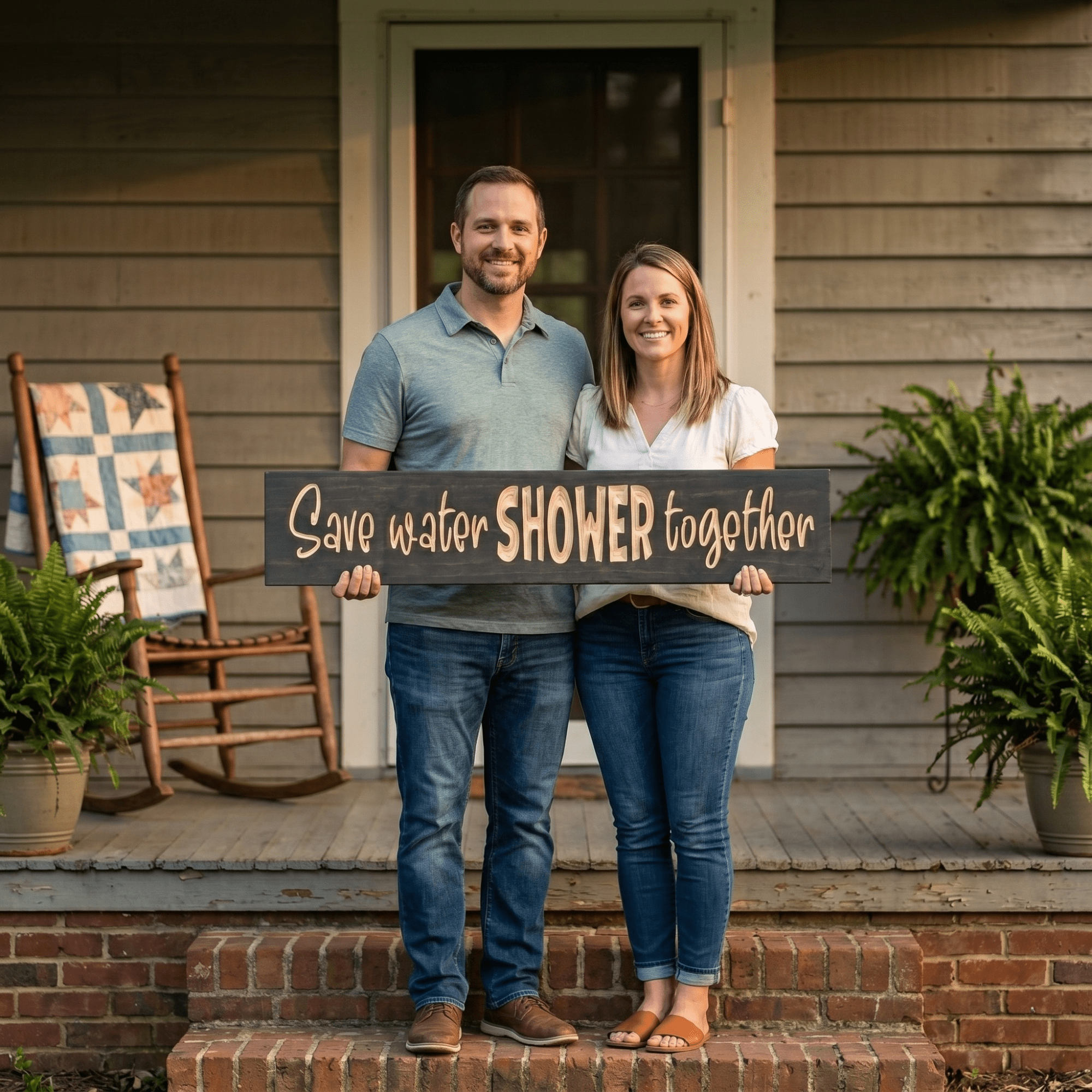 Couple holding a handcrafted Save Water Shower Together sign on a Kentucky porch.