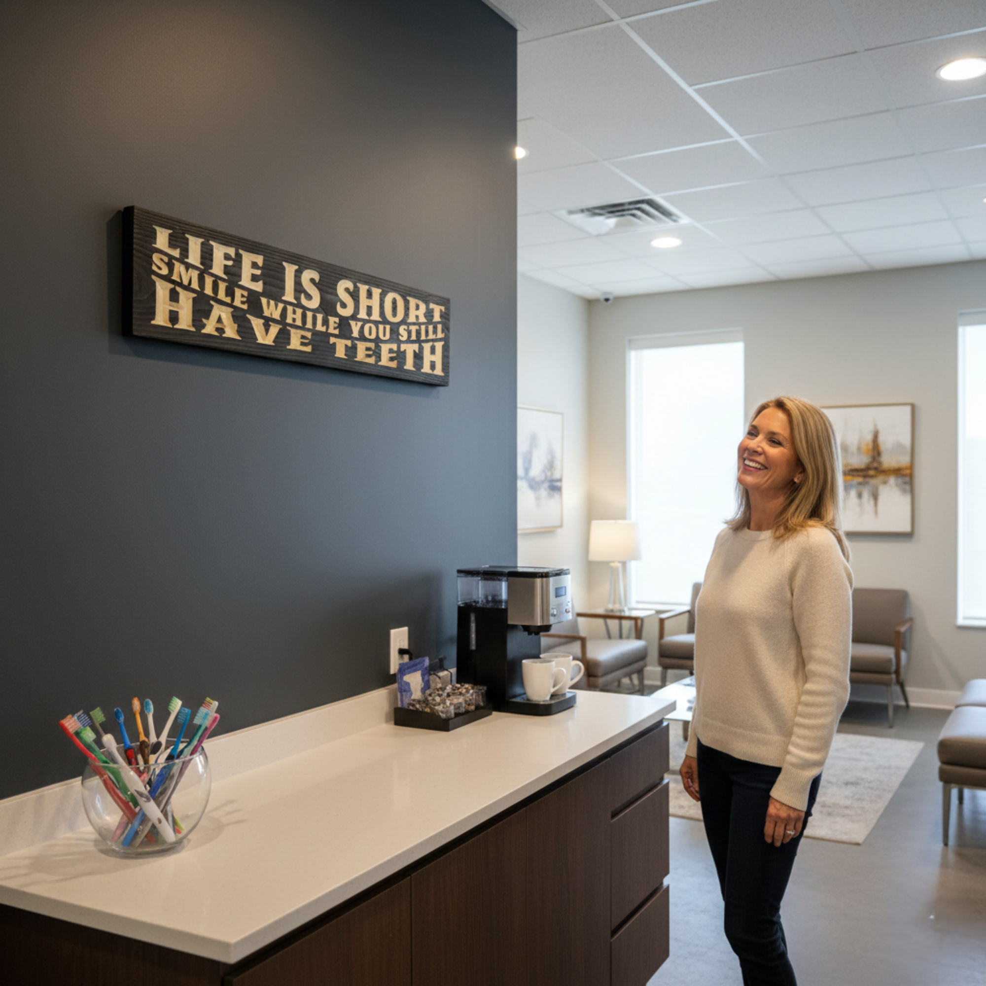 "Life Is Short Smile While You Still Have Teeth" wooden sign displayed in a modern dental office waiting room near a coffee station.