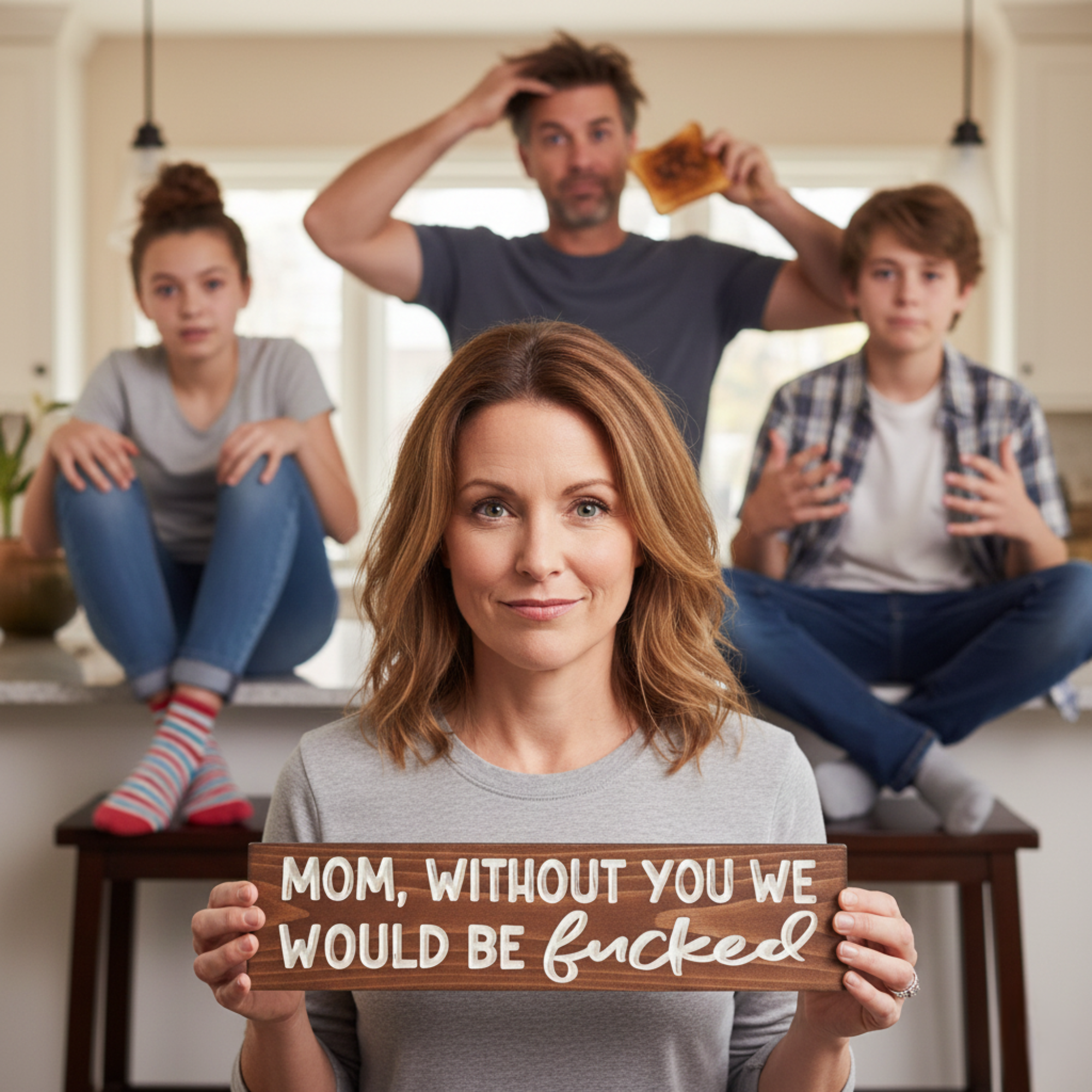 A lifestyle portrait of a mother holding a Bluegrass Gifts carved sign while her family creates chaos in the background