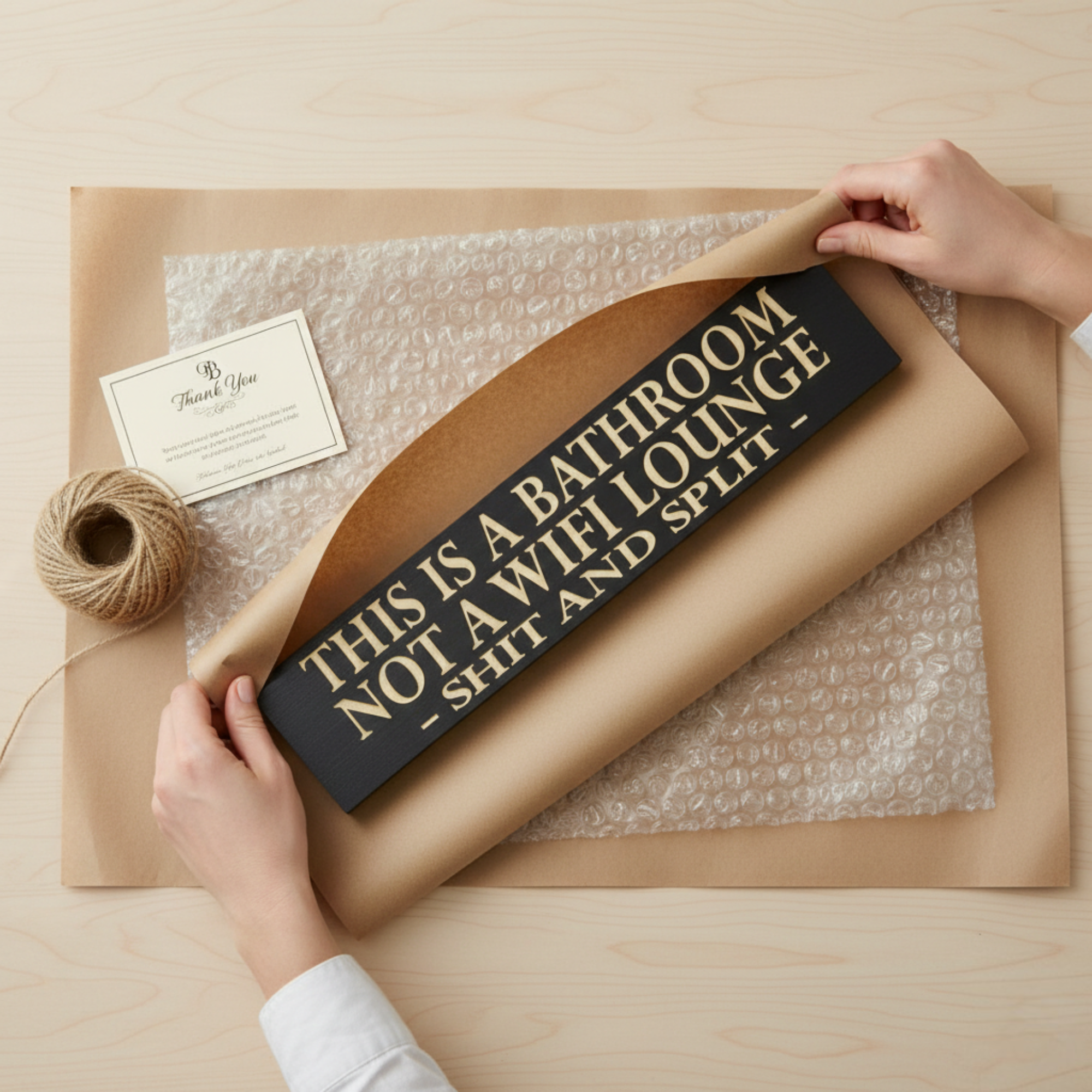 Bluegrass Gifts handcrafted funny bathroom sign packaged and ready for gifting as a unique housewarming or man cave present.