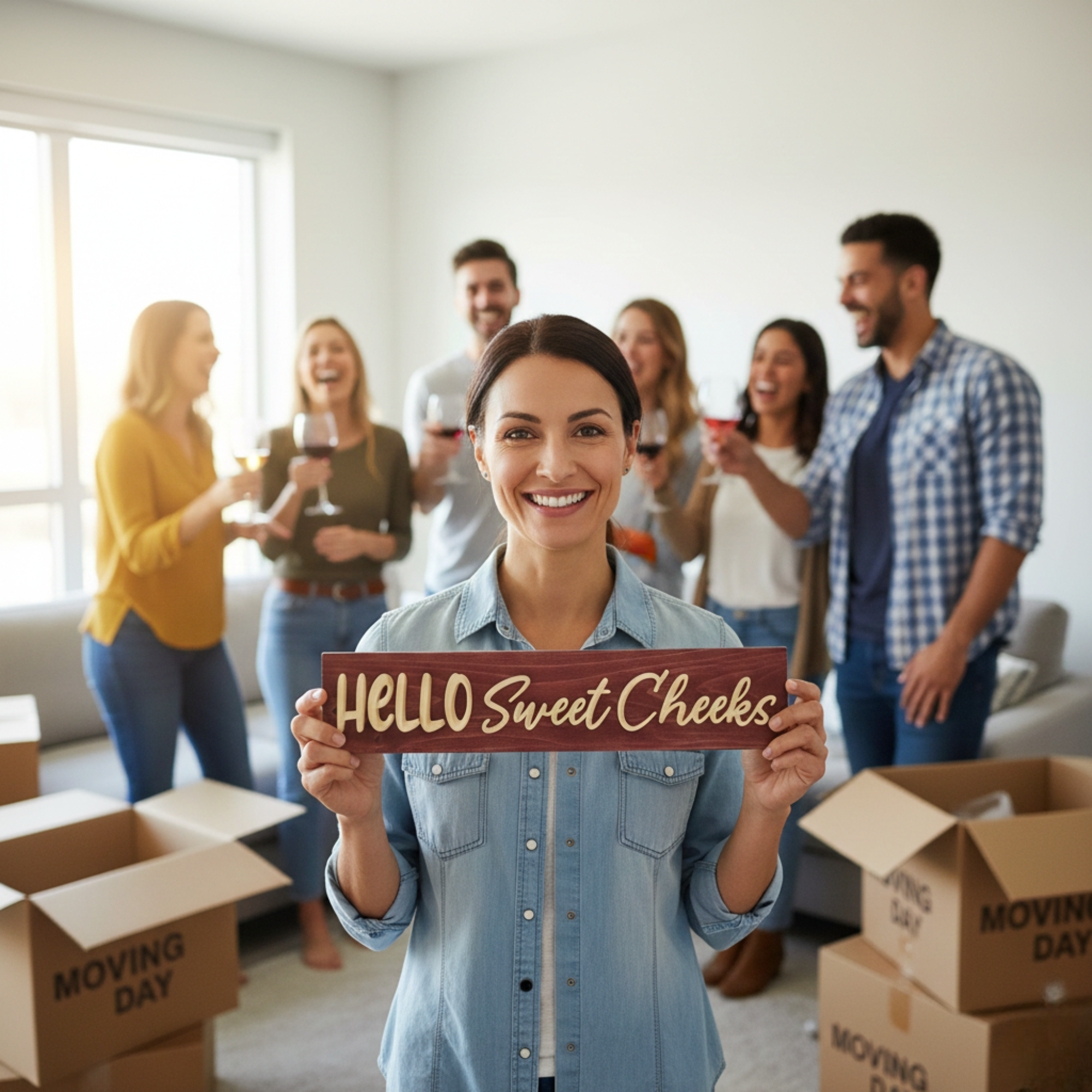 A happy customer holding a Bluegrass Gifts Hello Sweet Cheeks sign at a housewarming party surrounded by moving boxes.