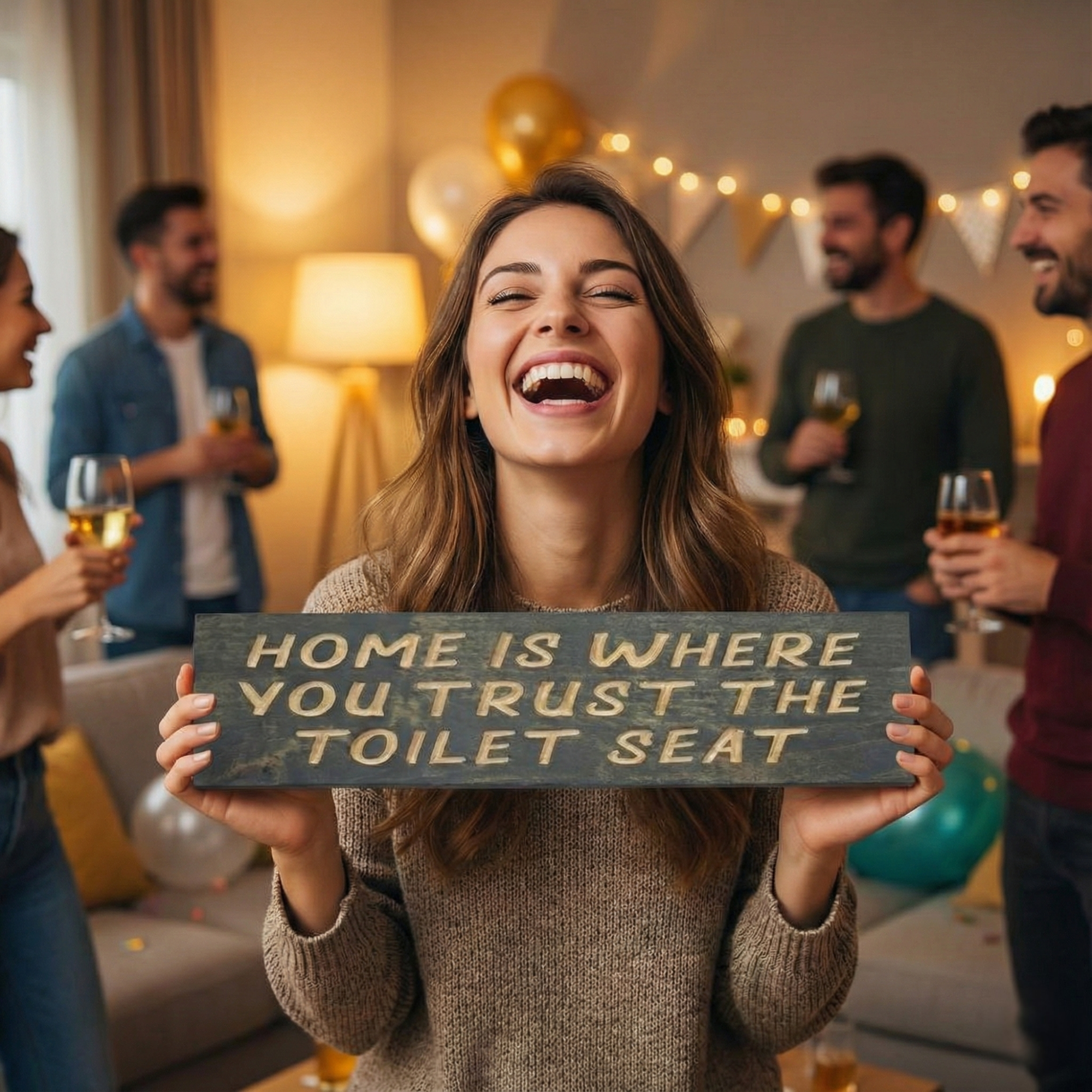 Smiling woman holding a funny bathroom sign at a party, demonstrating a unique gag gift or housewarming present idea.