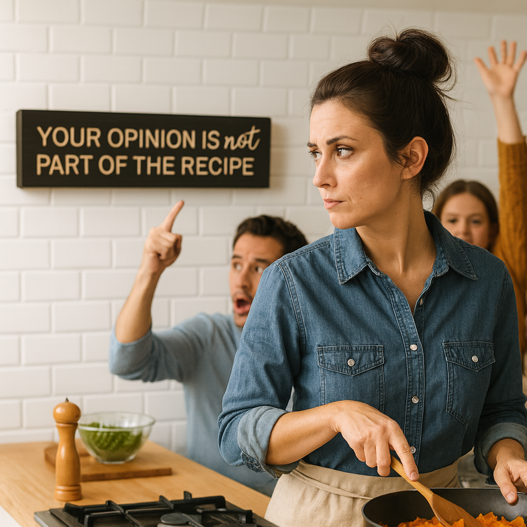 Rustic kitchen wall sign “Your Opinion Is Not Part of the Recipe” displayed above cooking scene with playful group reaction.
