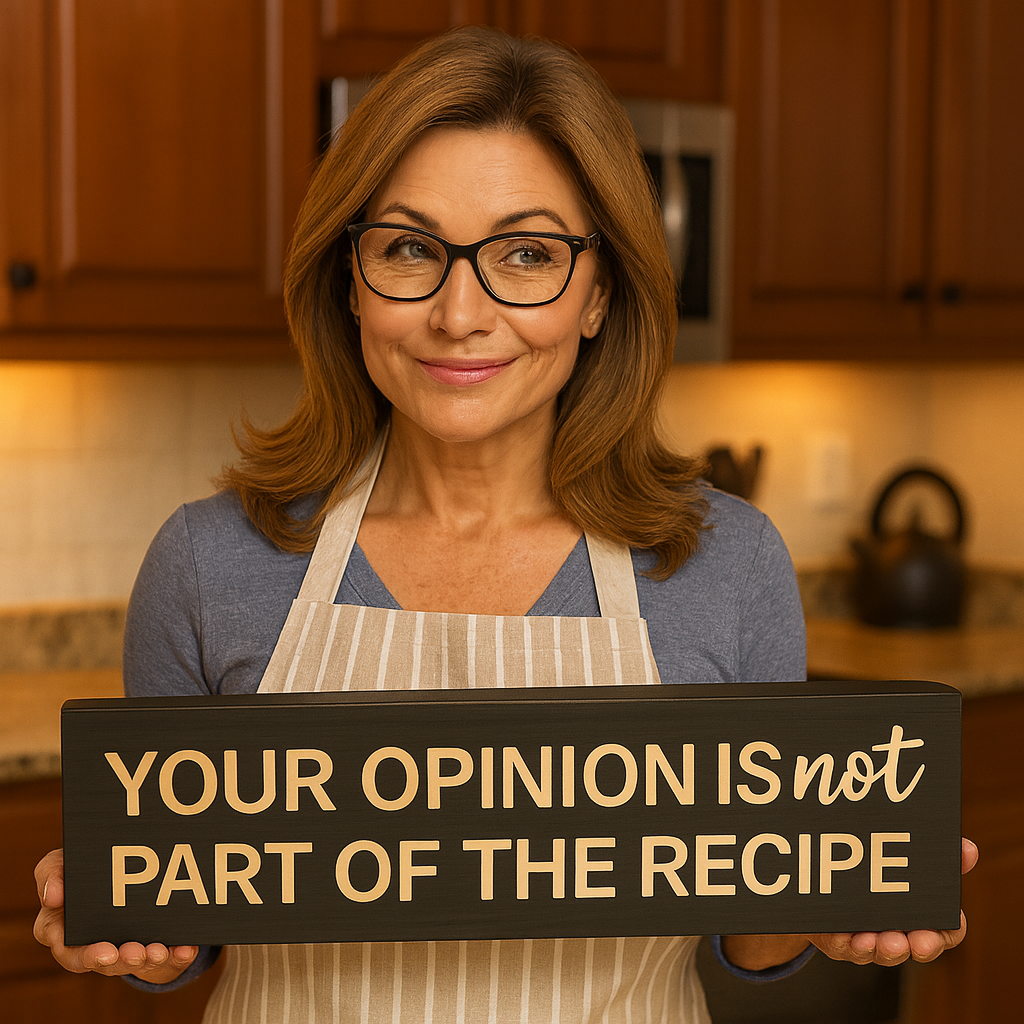 Person holding rustic wooden kitchen sign with engraved phrase “Your Opinion Is Not Part of the Recipe,” showing size and carved detail.