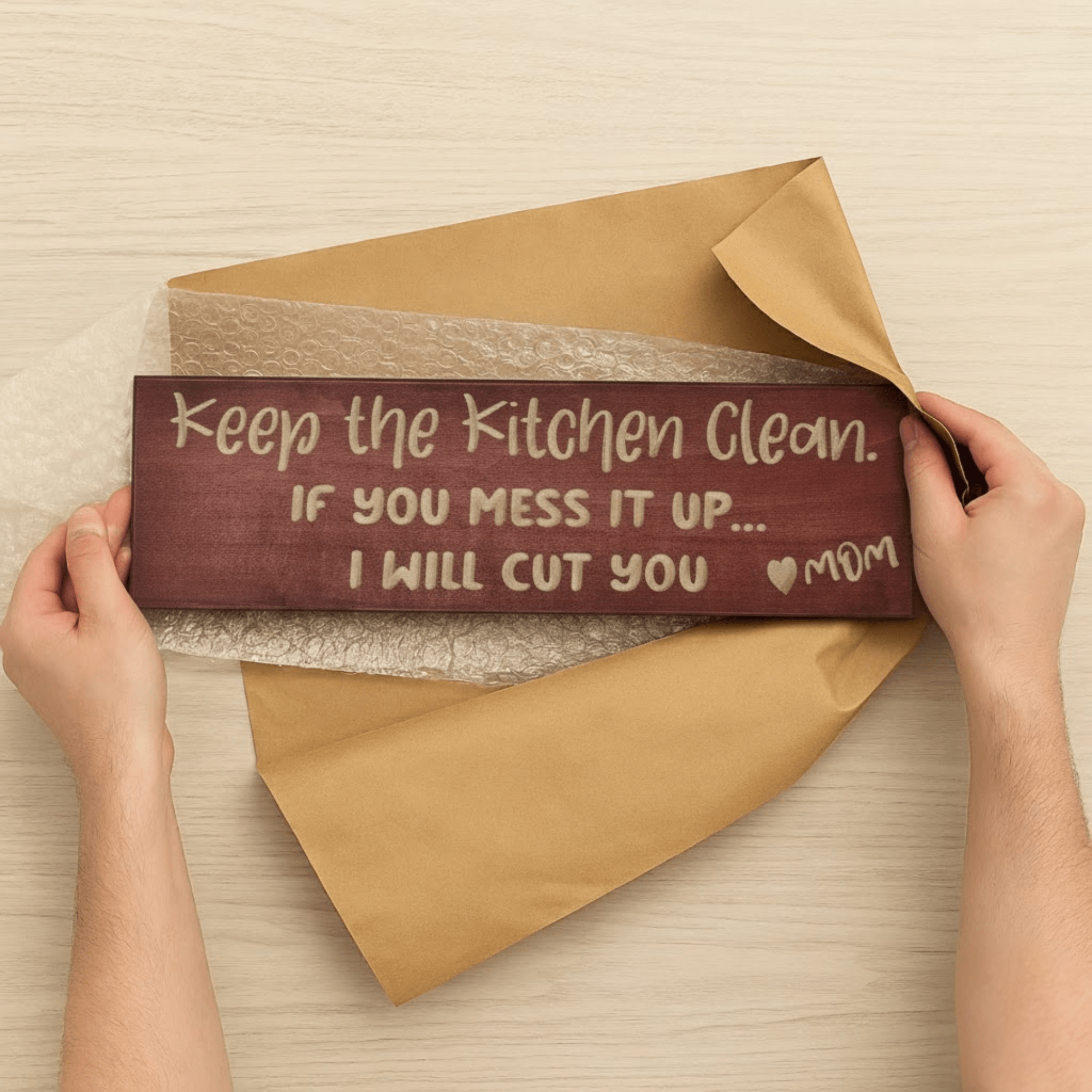 funny-mom-kitchen-sign-angled-view - funny mom kitchen sign wood sign by Bluegrass Gifts, handmade in Kentucky