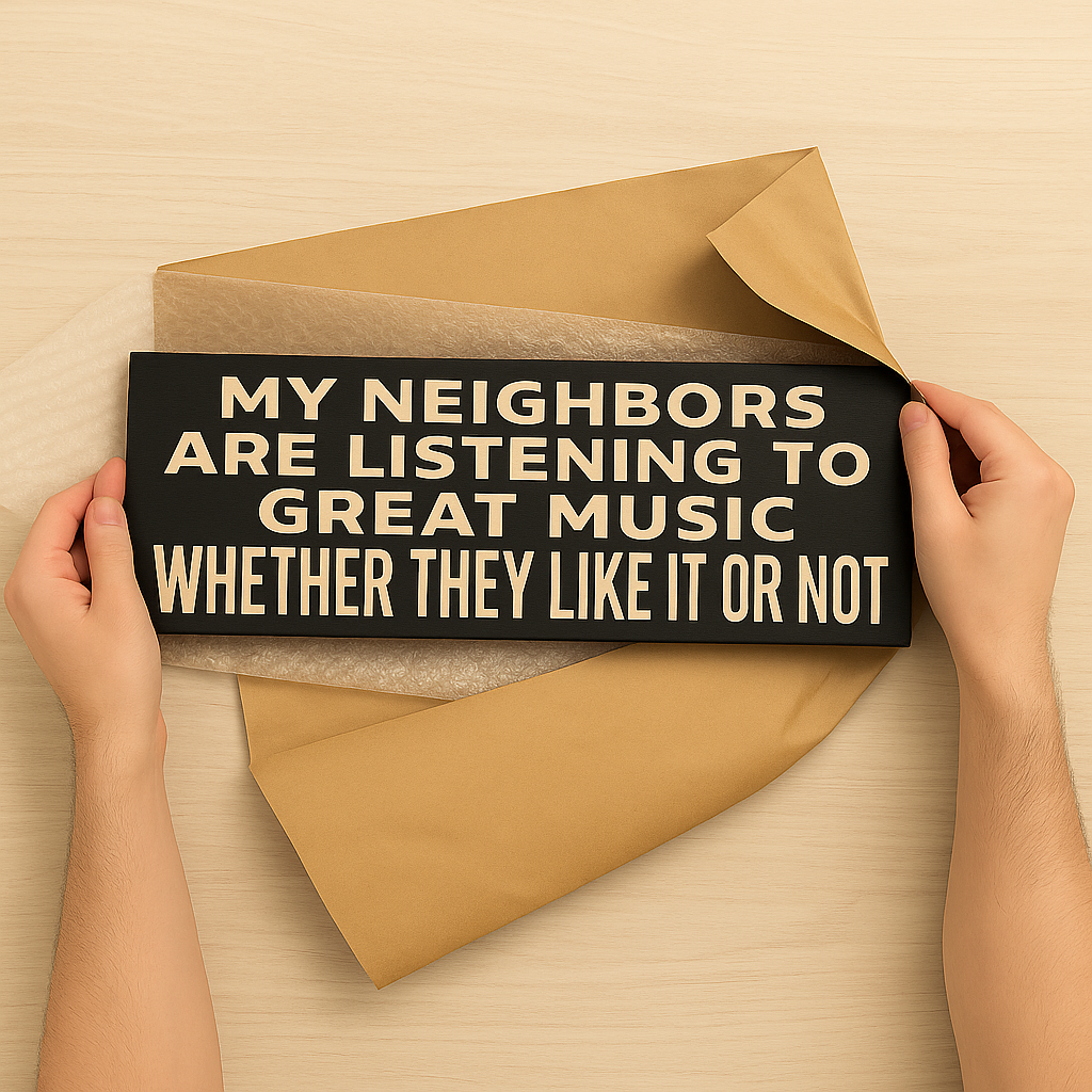 Funny music wall sign with the phrase “My Neighbors Are Listening to Great Music Whether They Like It or Not” being unwrapped from gift packaging.