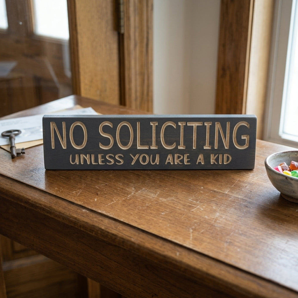 A No Soliciting Sign rests on a rustic wooden table next to a key and a small bowl of colorful candies, from Bluegrass Gifts