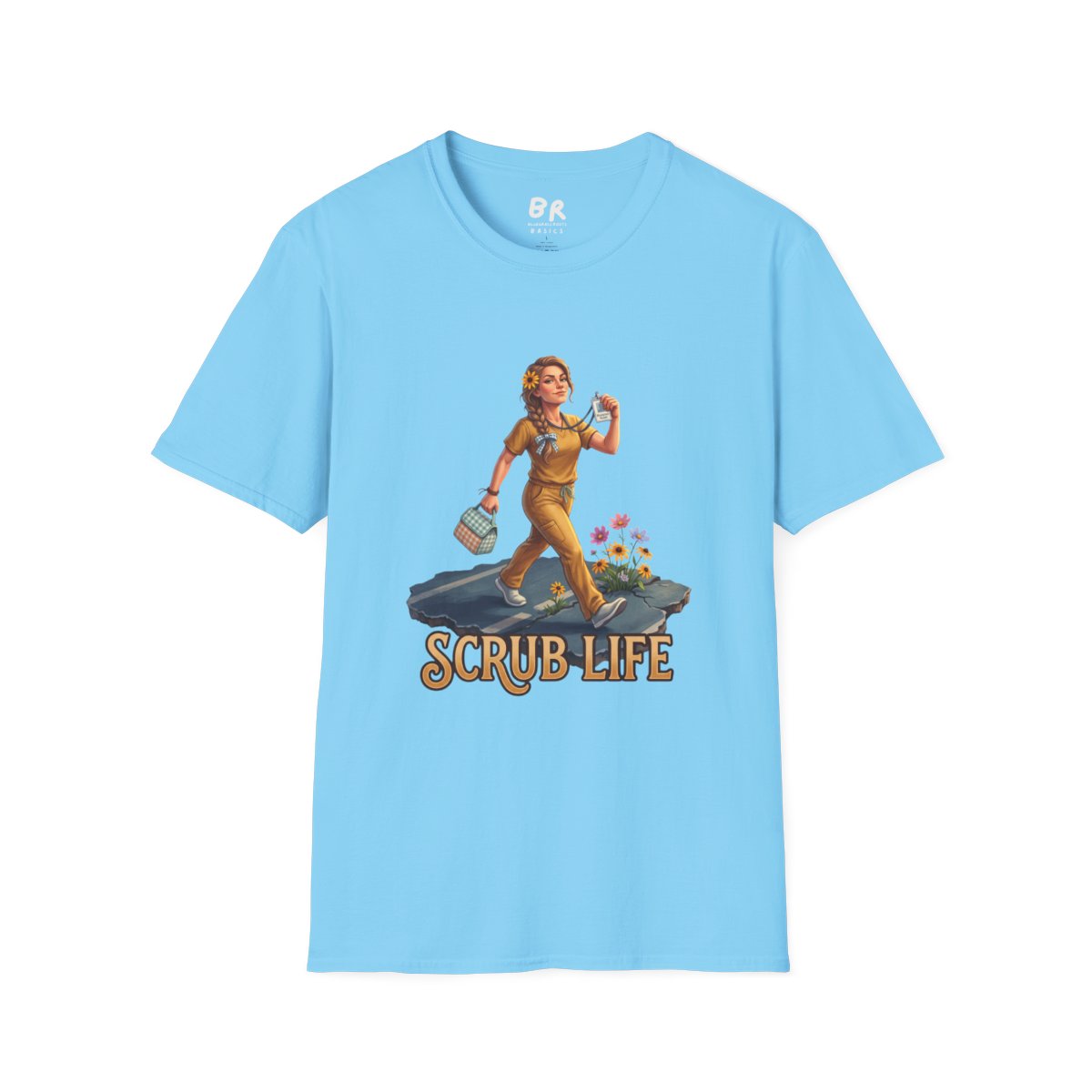Front view of a light blue "Nurse Shirt - Scrub Life" tee laid flat against a white background, highlighting the design
