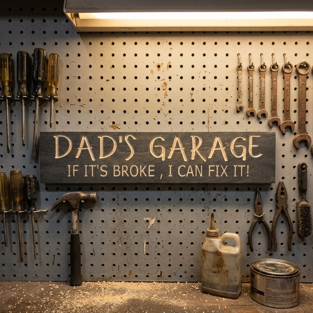 A dark grey Garage Sign with "Dad's Garage" carved in light letters hangs on a tool-filled pegboard wall, from Bluegrass Gifts