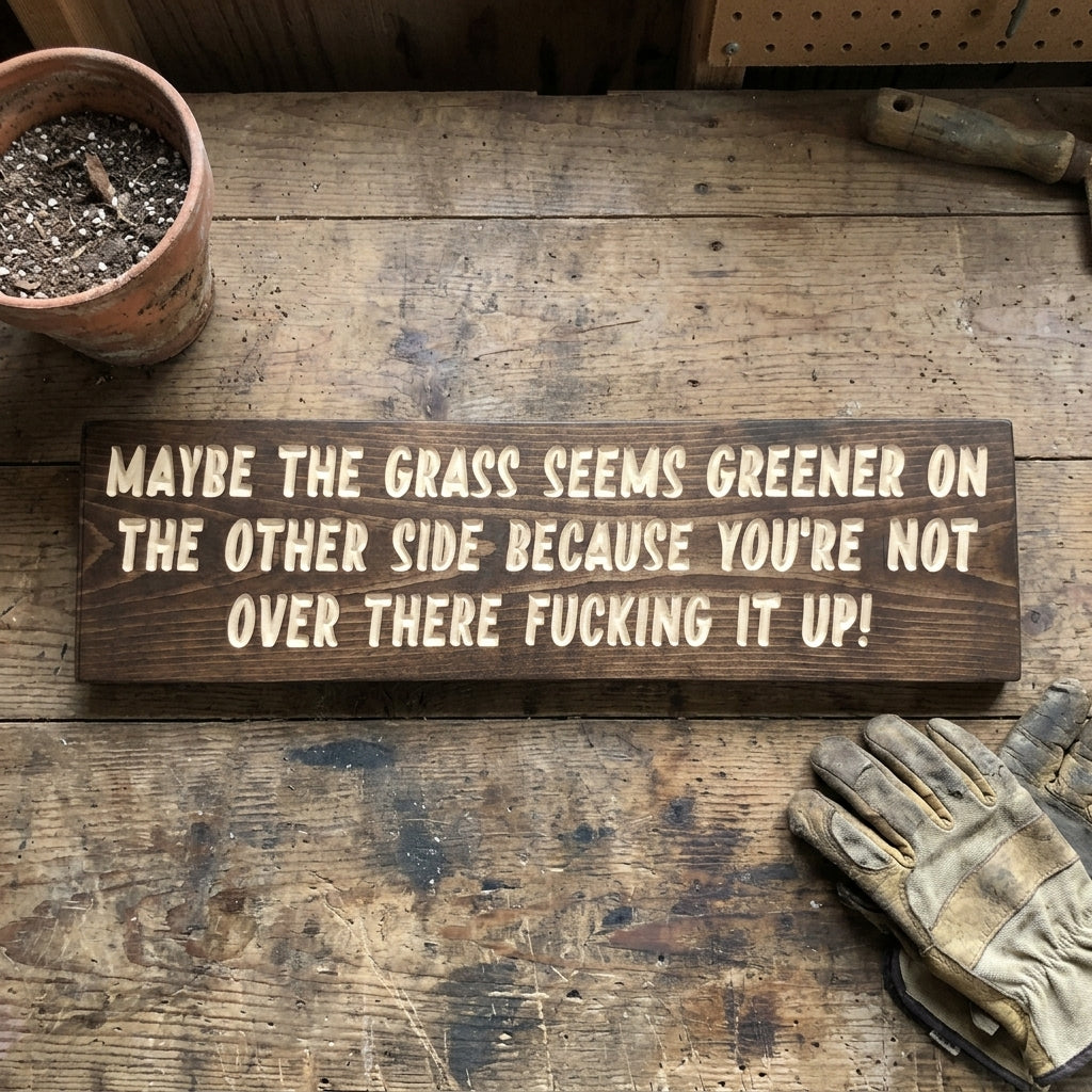 Garden Shed Sign — Maybe the Grass Is Greener | Carved Wood