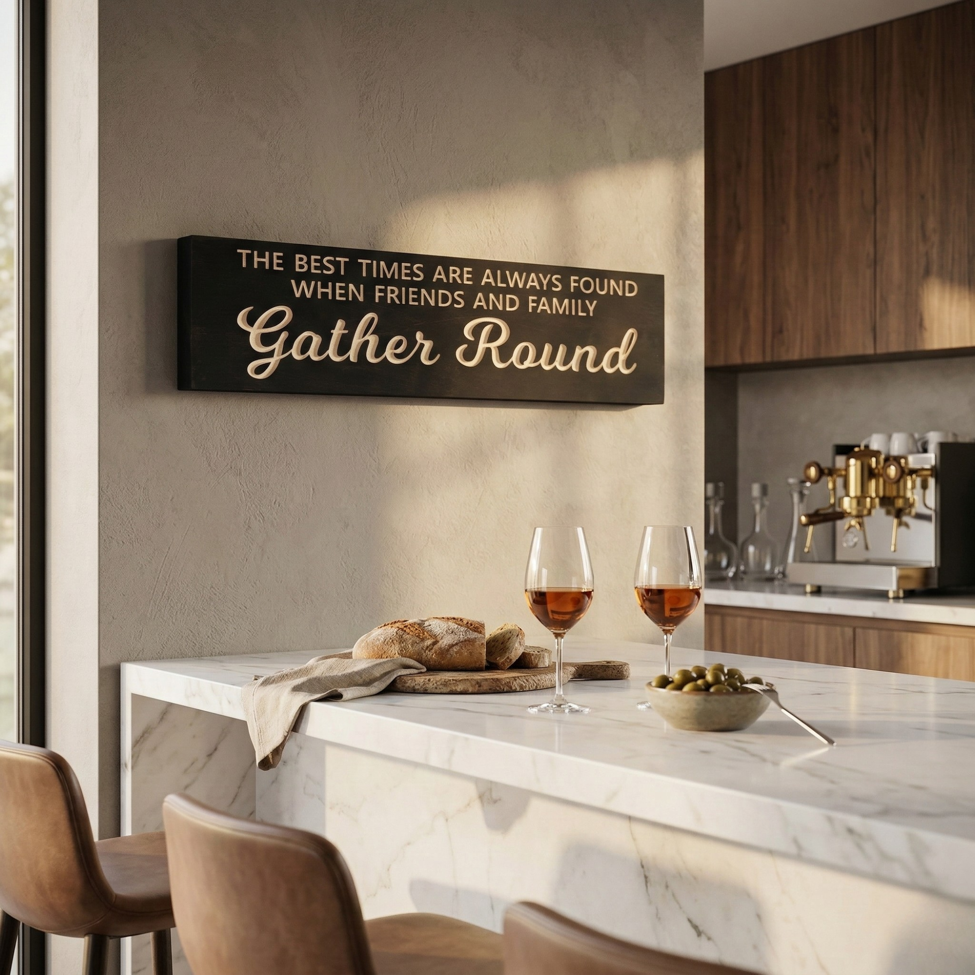"The Best Times Are Always Found When Friends and Family Gather Round" sign displayed as a focal point in a modern kitchen dining area.