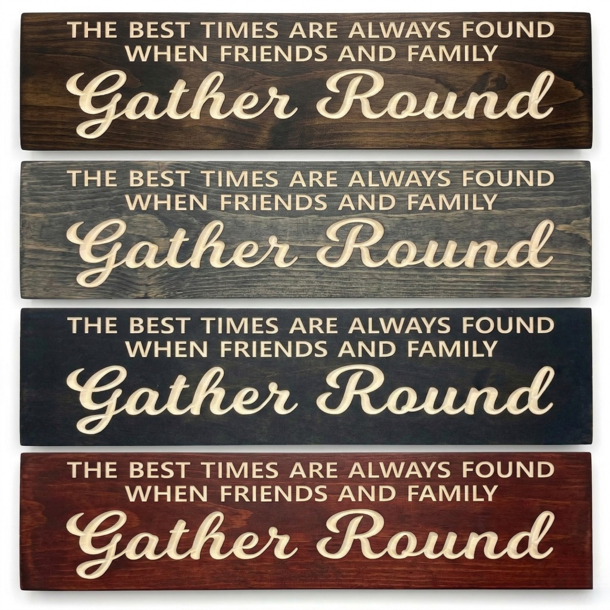 Comparison of the "Gather Round" carved wood sign in four different finishes: Dark Walnut, Weathered Gray, Ebony, and Barn Red.