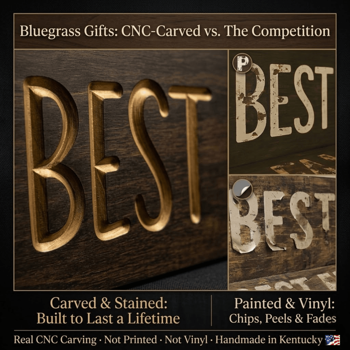 Comparison of carved pine Clothing Optional Sign vs. painted vinyl sign that chips and peels