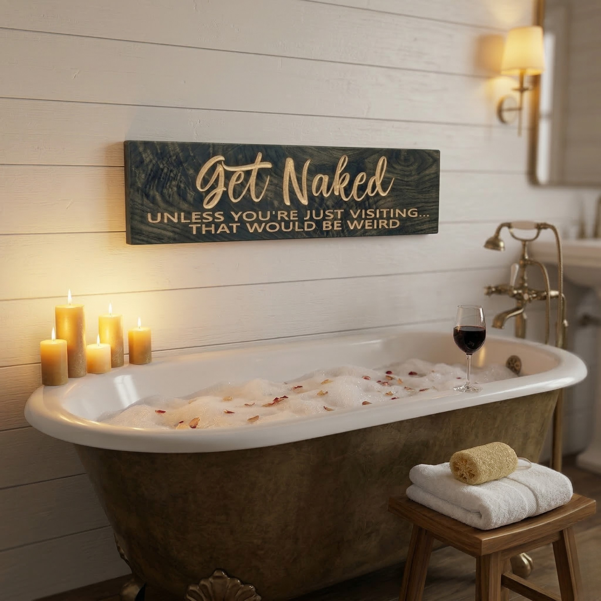 "Get Naked Unless You're Just Visiting" carved wood sign displayed above a clawfoot bathtub with candles and wine in a rustic farmhouse bathroom – funny bathroom wall art by Bluegrass Gifts